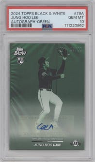 Jung Hoo Lee from the 2024 Topps Black & White set featuring a Green parallel graded by PSA and given an overall grade of 10.