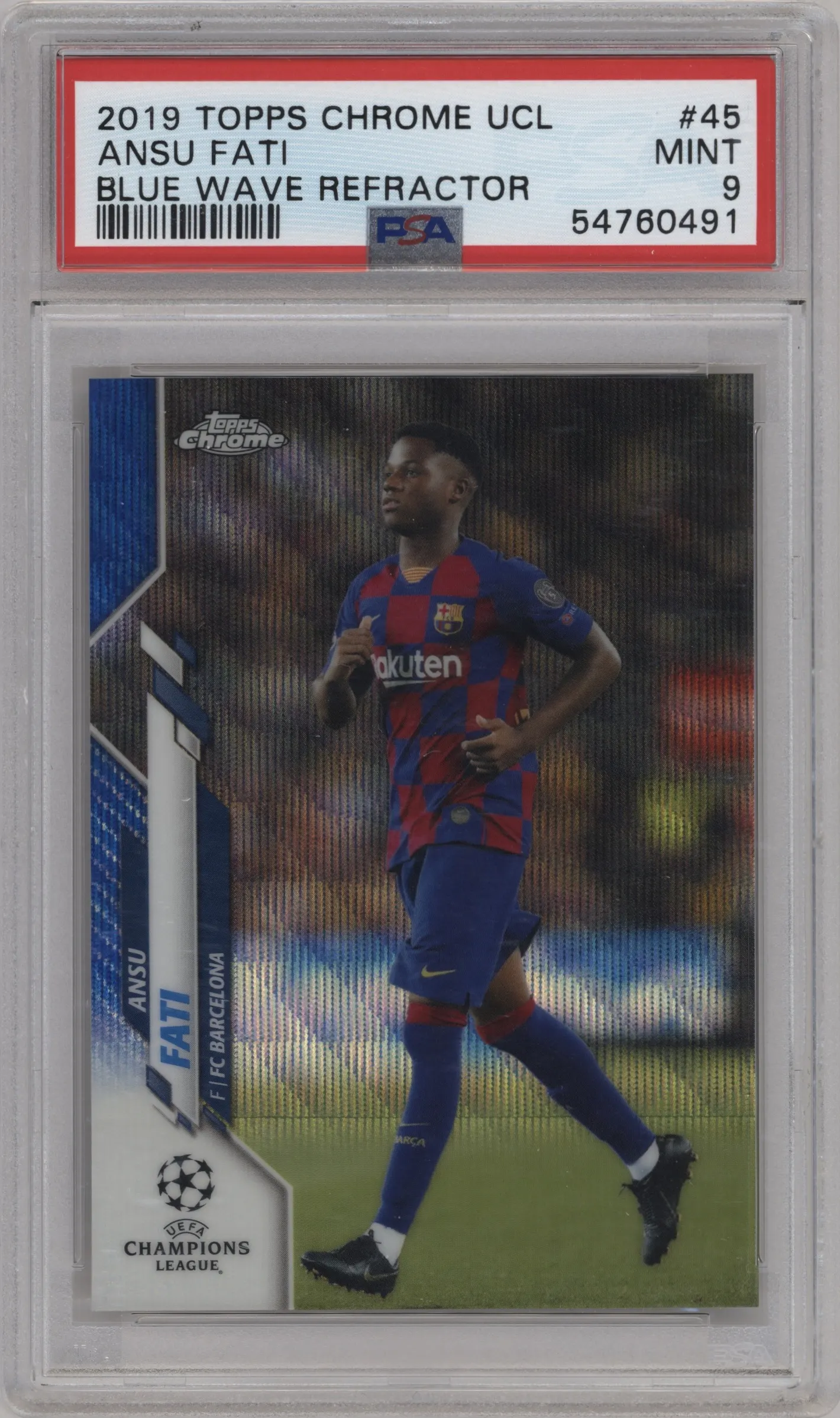 2019 Topps Chrome UEFA Champions League Ansu Fati Blue Wave Refractor PSA 9