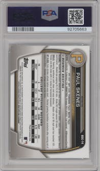 Paul Skenes from the 2023 Bowman Draft set featuring a Refractor parallel graded by PSA and given an overall grade of 10.