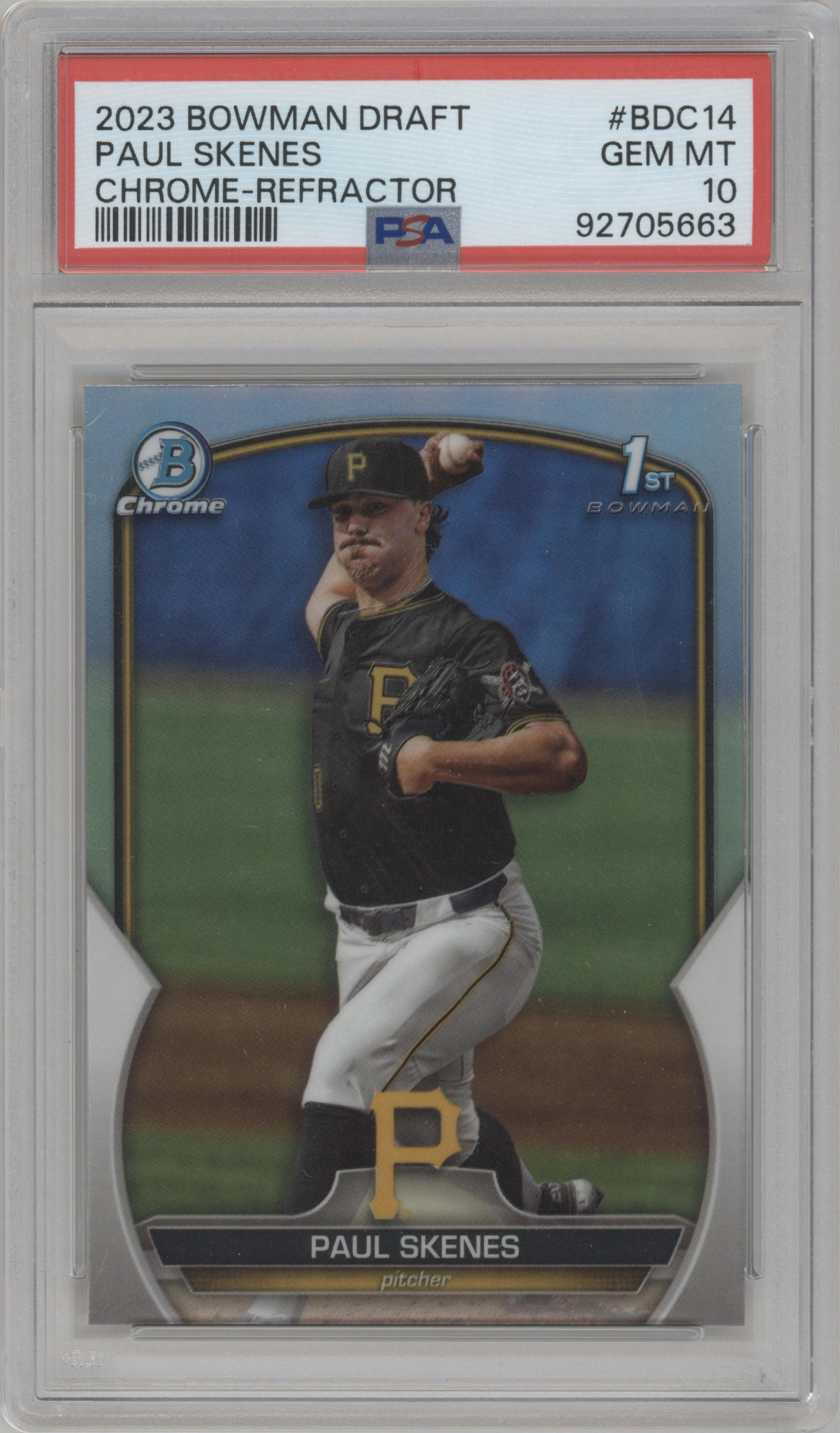 Paul Skenes from the 2023 Bowman Draft set featuring a Refractor parallel graded by PSA and given an overall grade of 10.