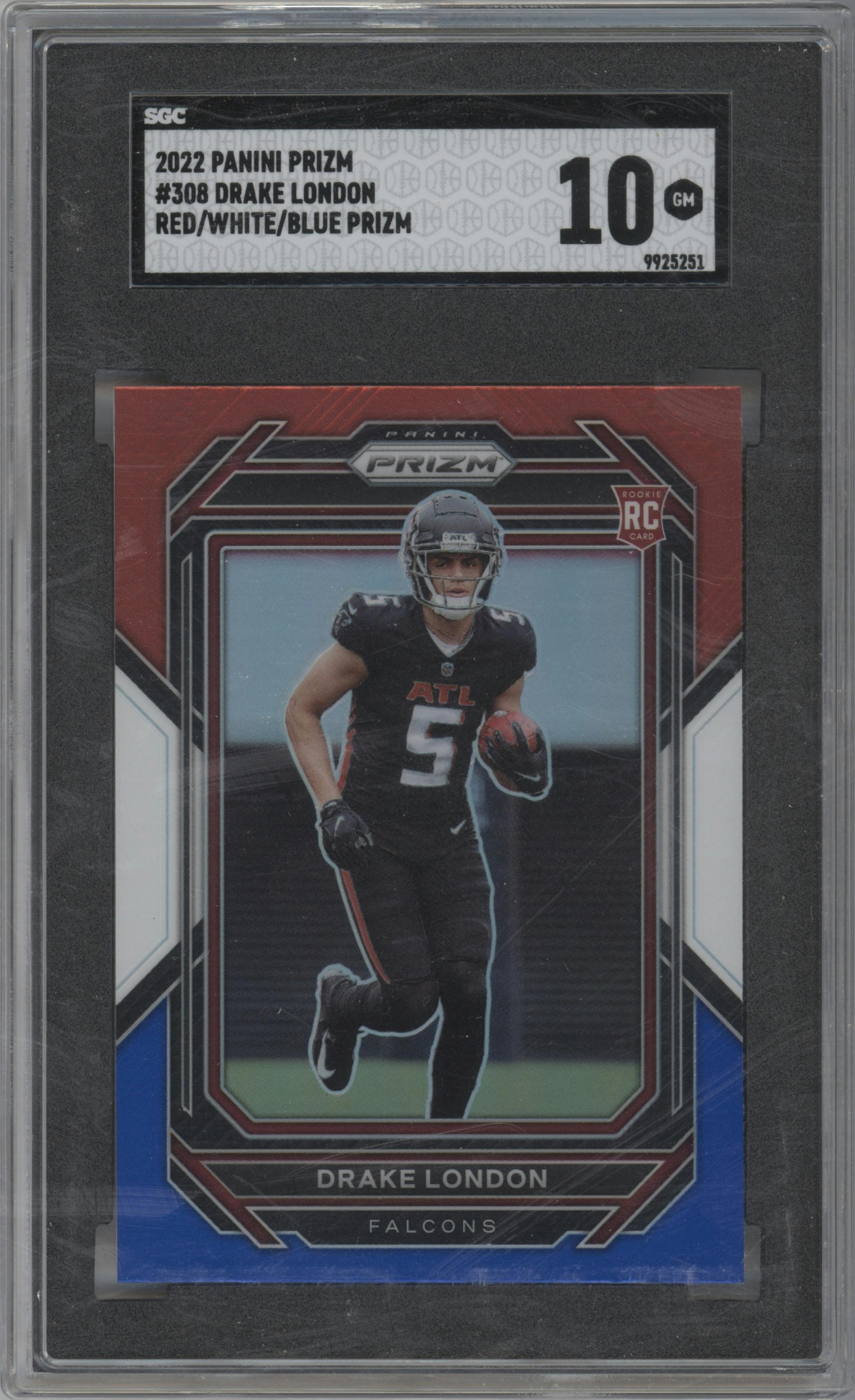 Drake London from the 2022 Panini Prizm set featuring a Red/White/Blue Prizm parallel graded by SGC and given an overall grade of 10.