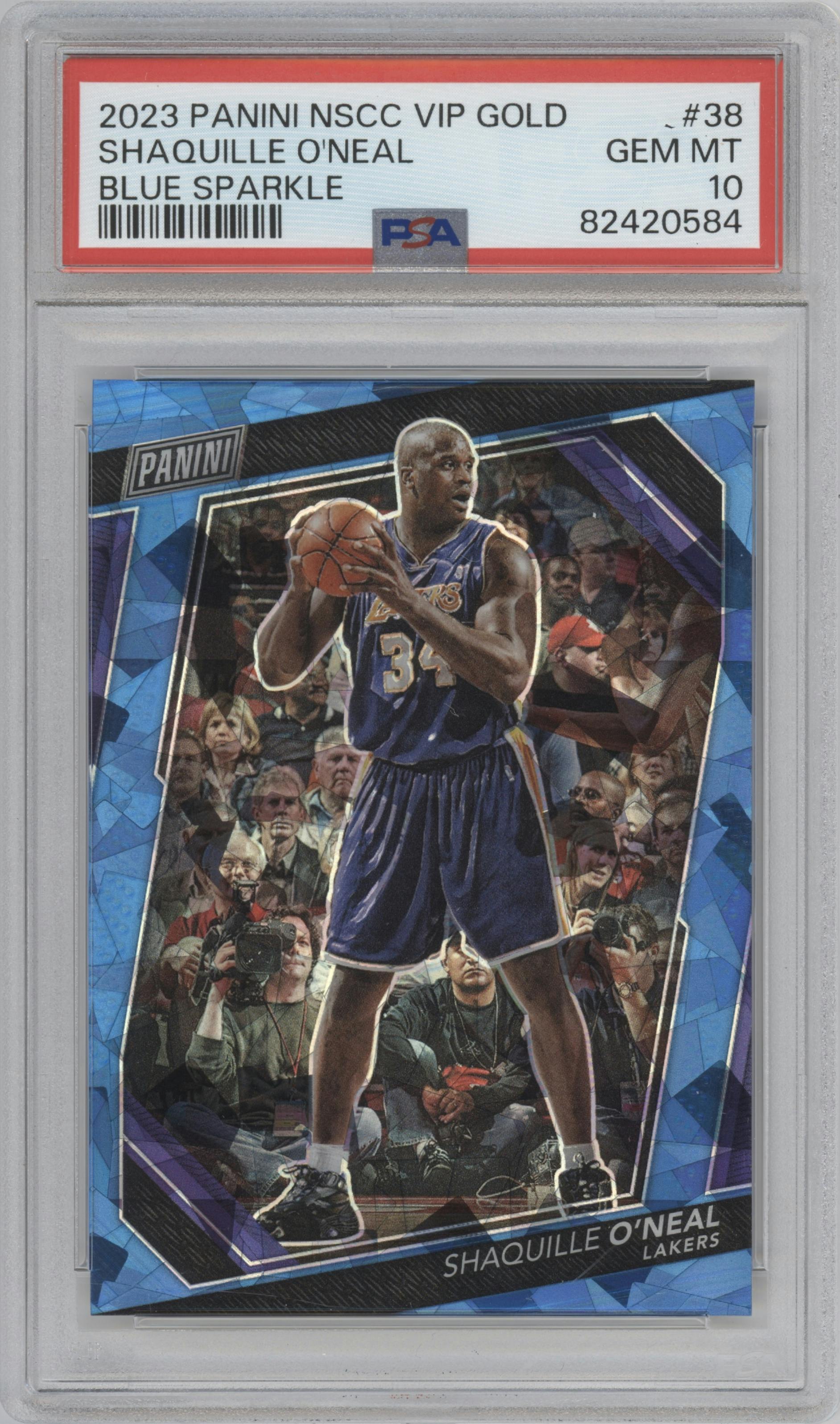 Shaquille O'Neal from the 2023 Panini The National VIP set featuring a Blue Sparkle parallel graded by PSA and given an overall grade of 10.