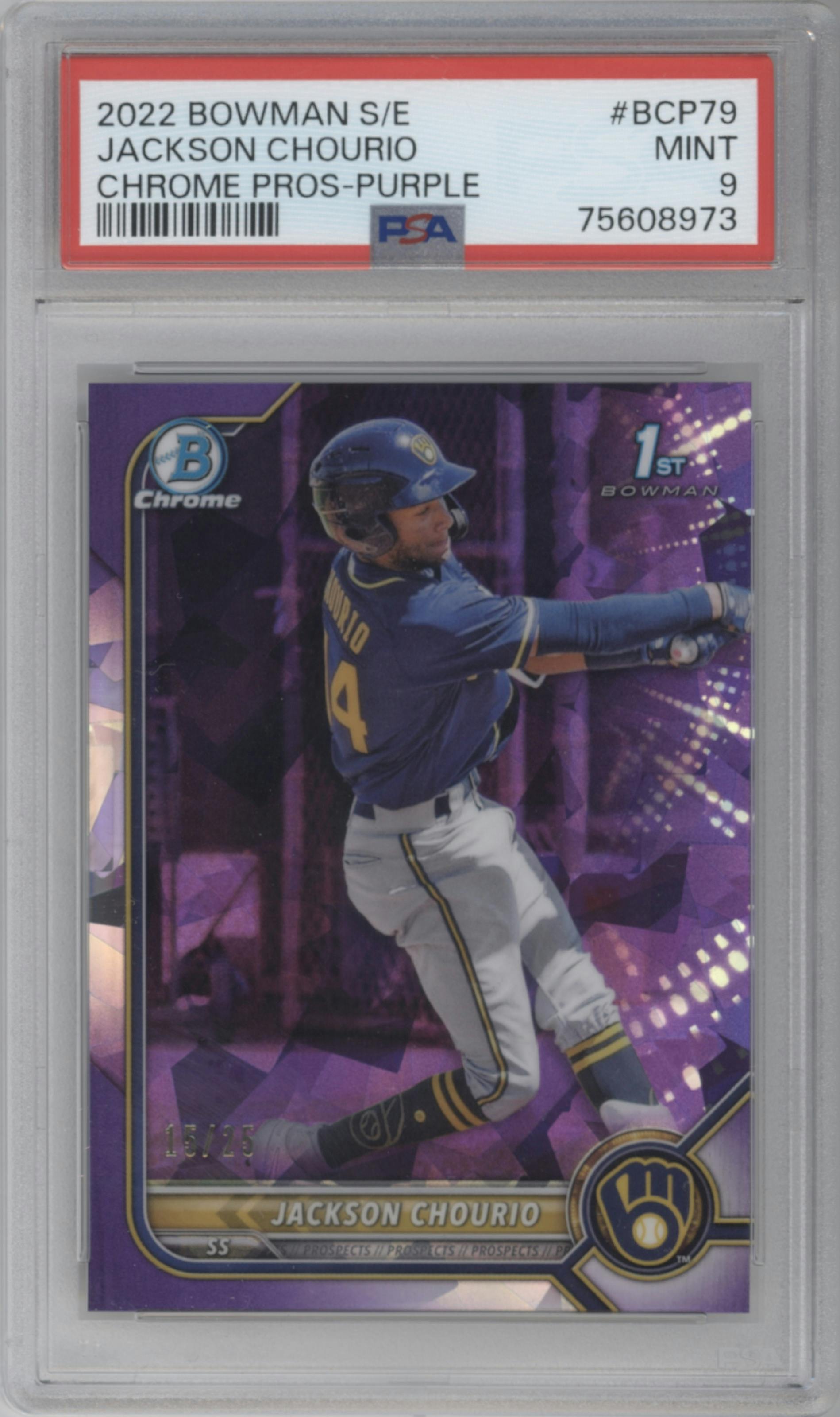 Jackson Chourio from the 2022 Bowman Sapphire Edition set featuring a Purple parallel graded by PSA and given an overall grade of 9.