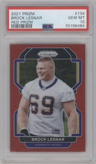 Brock Lesnar from the 2021 Panini Prizm set featuring a Red Prizm parallel graded by PSA and given an overall grade of 10.