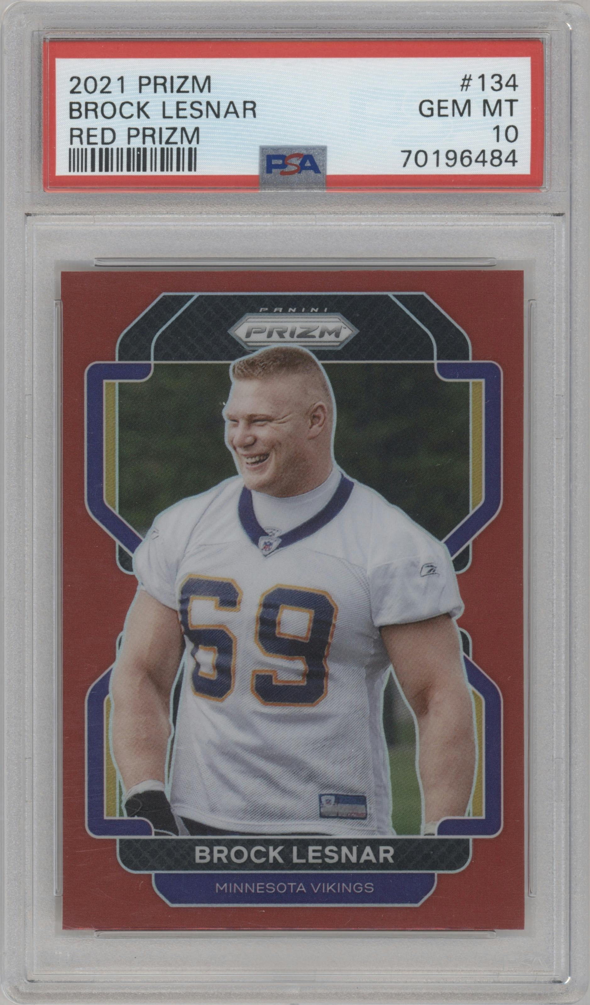 Brock Lesnar from the 2021 Panini Prizm set featuring a Red Prizm parallel graded by PSA and given an overall grade of 10.