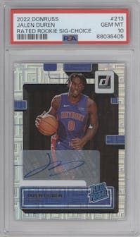 Jalen Duren from the 2022-23 Panini Donruss set featuring a Choice parallel graded by PSA and given an overall grade of 10.