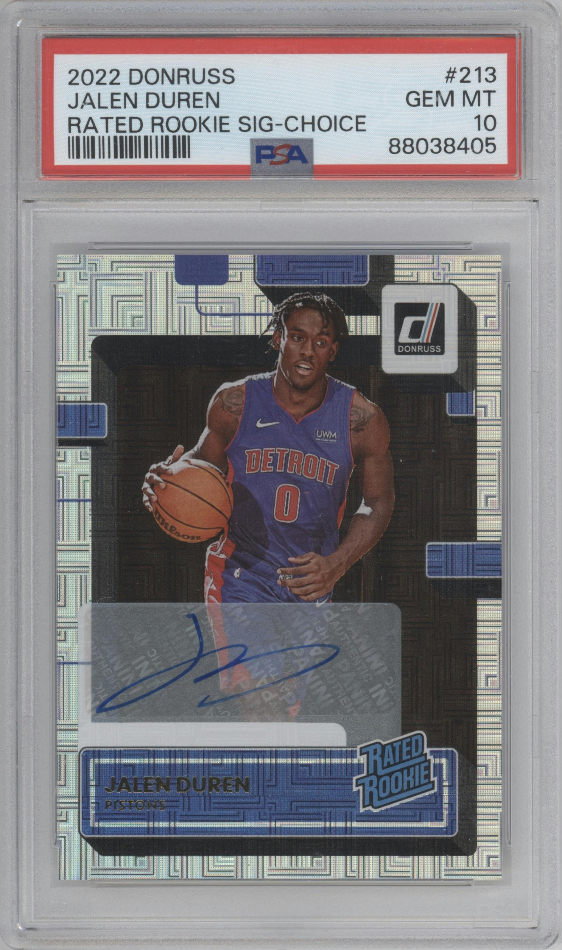 Jalen Duren from the 2022-23 Panini Donruss set featuring a Choice parallel graded by PSA and given an overall grade of 10.