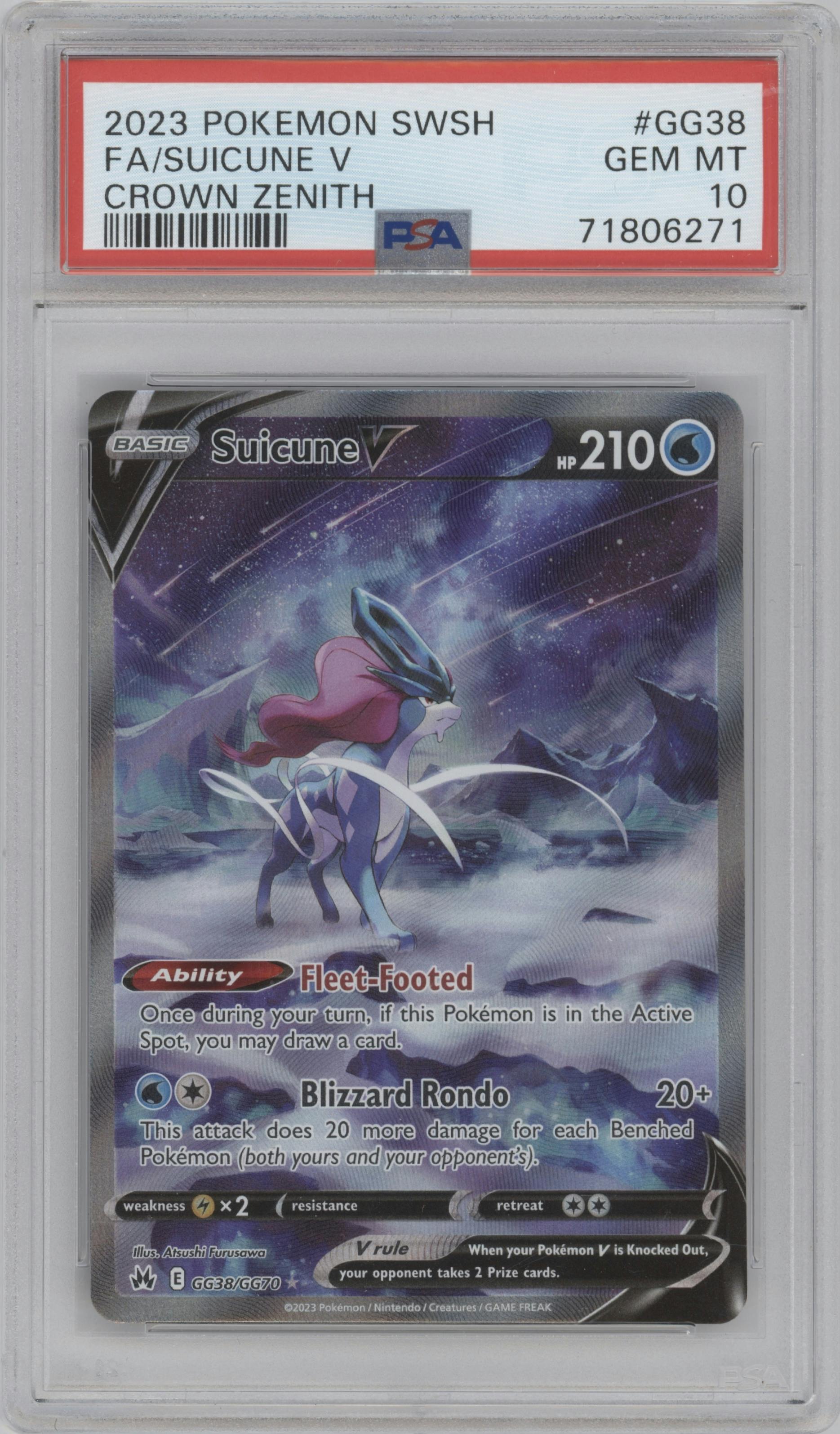 Suicune V from the 2023 Pokemon SWSH set graded by PSA and given an overall grade of 10.