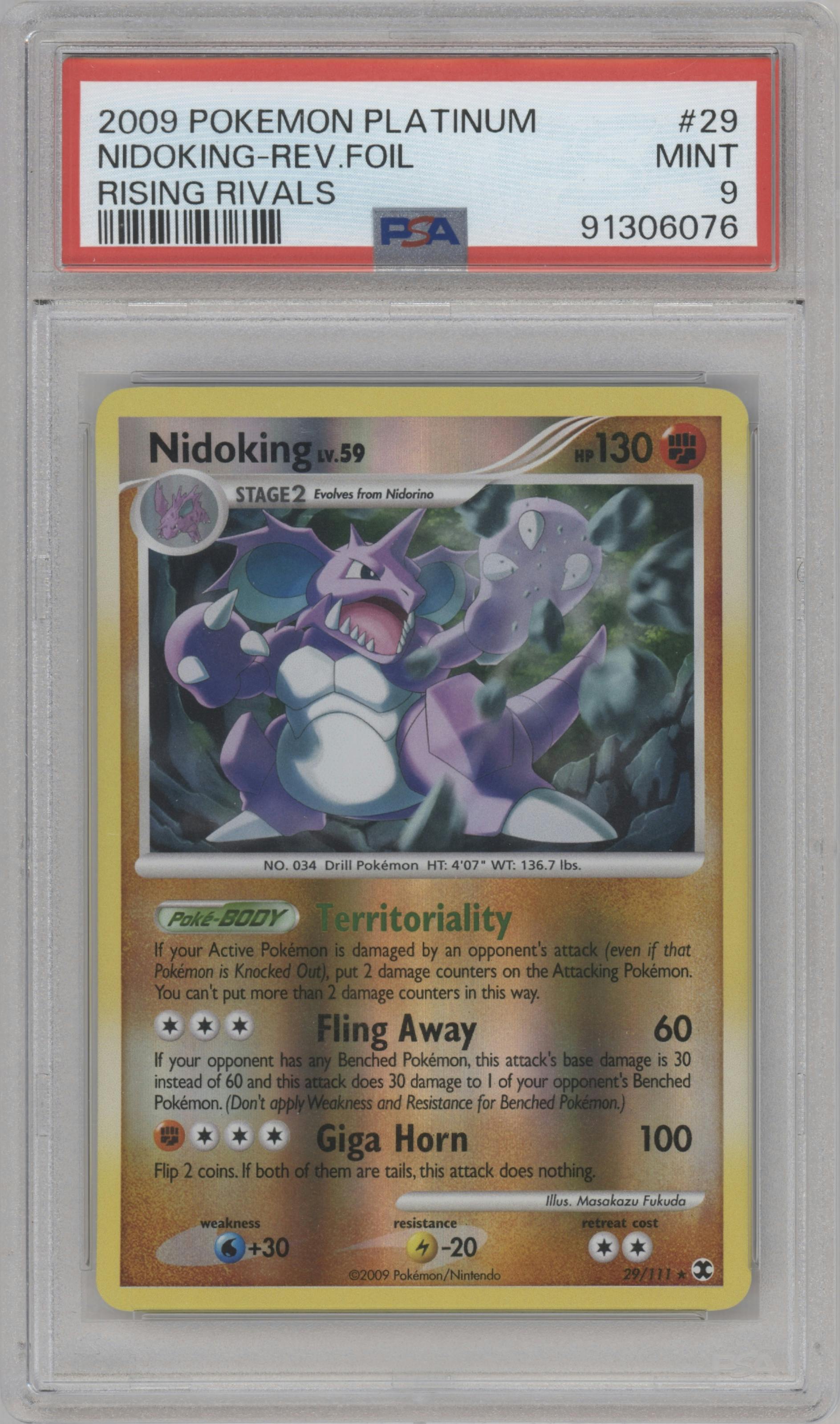 Nidoking from the 2009 Pokemon Platinum set graded by PSA and given an overall grade of 9.