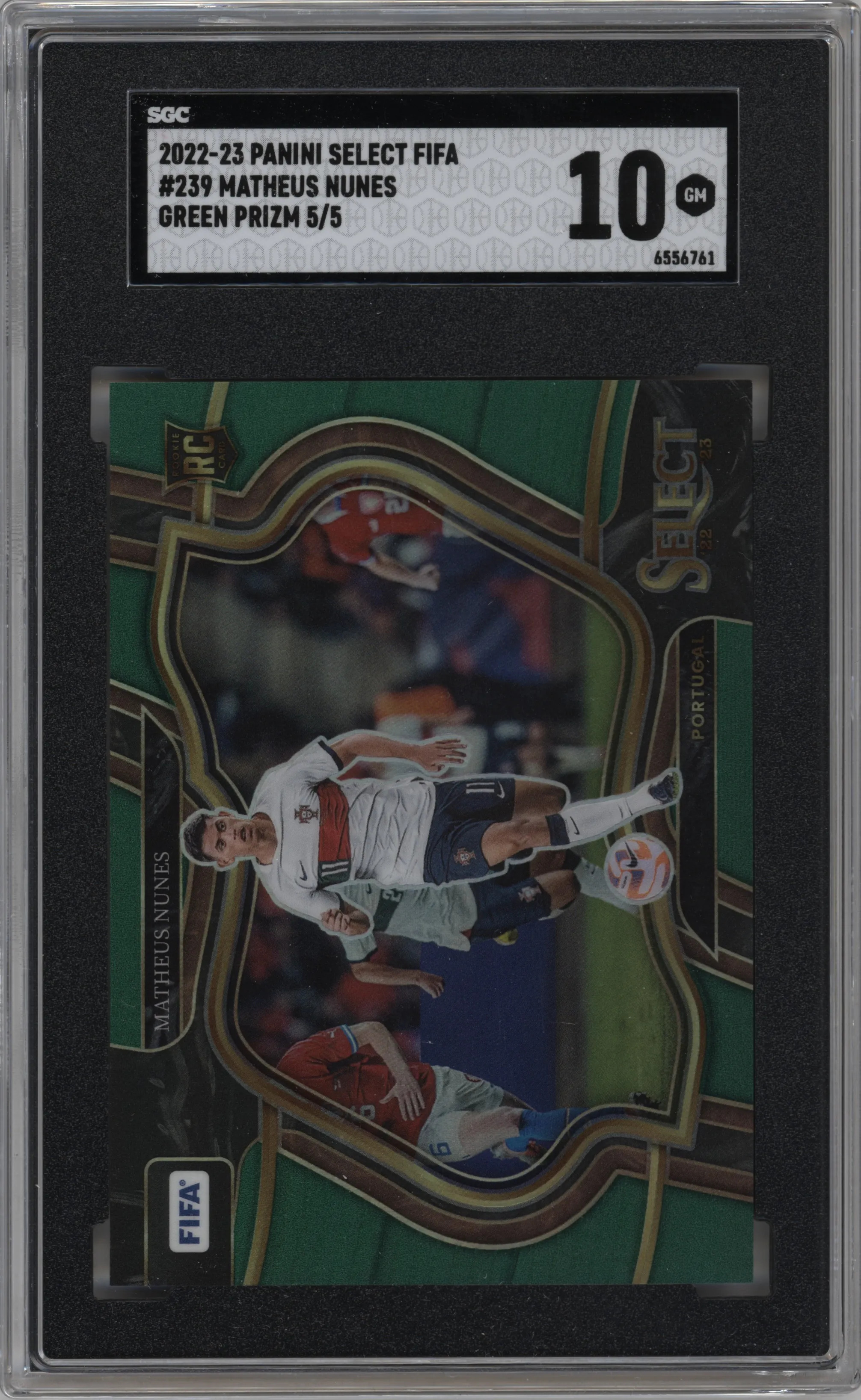 Matheus Nunes from the 2022-23 Panini Select FIFA set featuring a Green parallel graded by SGC and given an overall grade of 10.