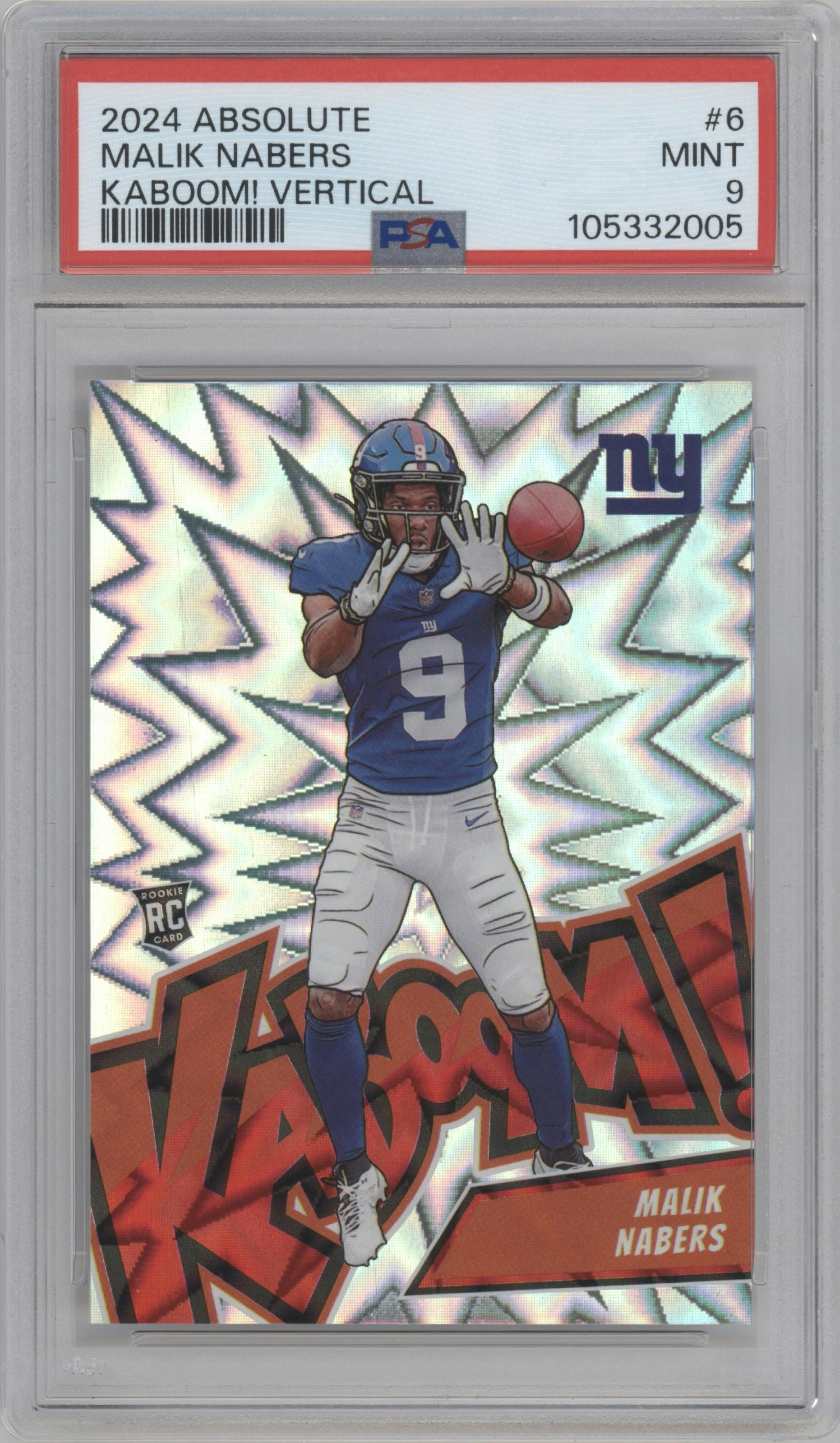 Malik Nabers from the 2024 Panini Absolute set graded by PSA and given an overall grade of 9.