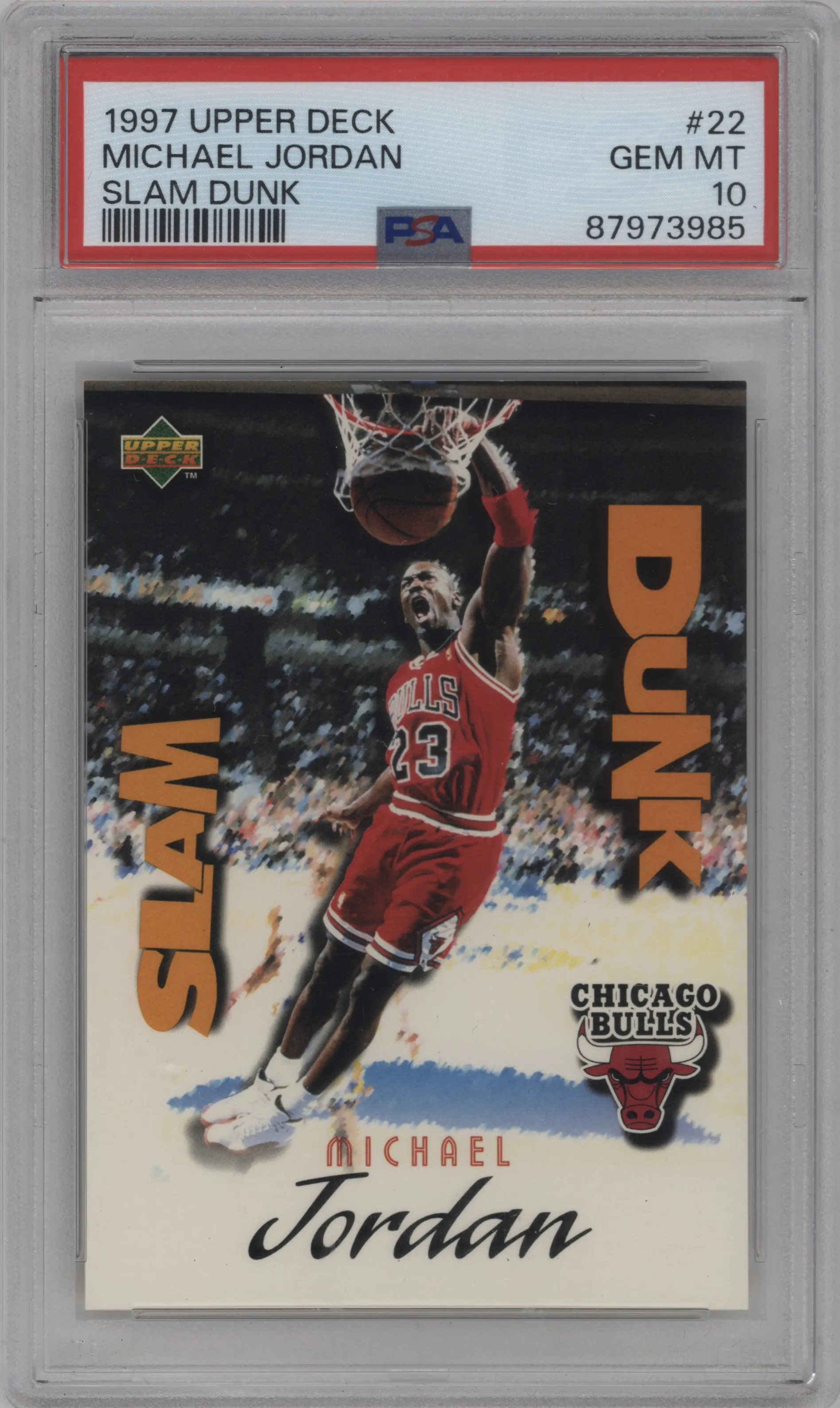 Michael Jordan from the 1997 Upper Deck Nestle Slam Dunk set graded by PSA and given an overall grade of 10.