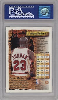 Michael Jordan from the 1993-94 Topps Finest  set featuring a Refractor parallel graded by PSA and given an overall grade of 9.