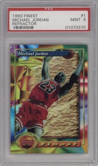 Michael Jordan from the 1993-94 Topps Finest  set featuring a Refractor parallel graded by PSA and given an overall grade of 9.