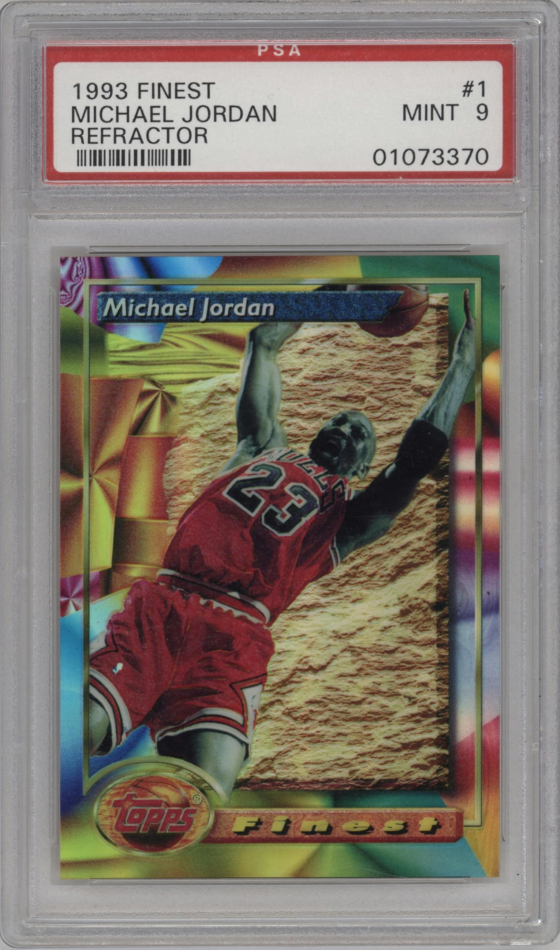 Michael Jordan from the 1993-94 Topps Finest  set featuring a Refractor parallel graded by PSA and given an overall grade of 9.