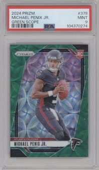 Michael Penix Jr. from the 2024 Panini Prizm set featuring a Green Scope parallel graded by PSA and given an overall grade of 9.
