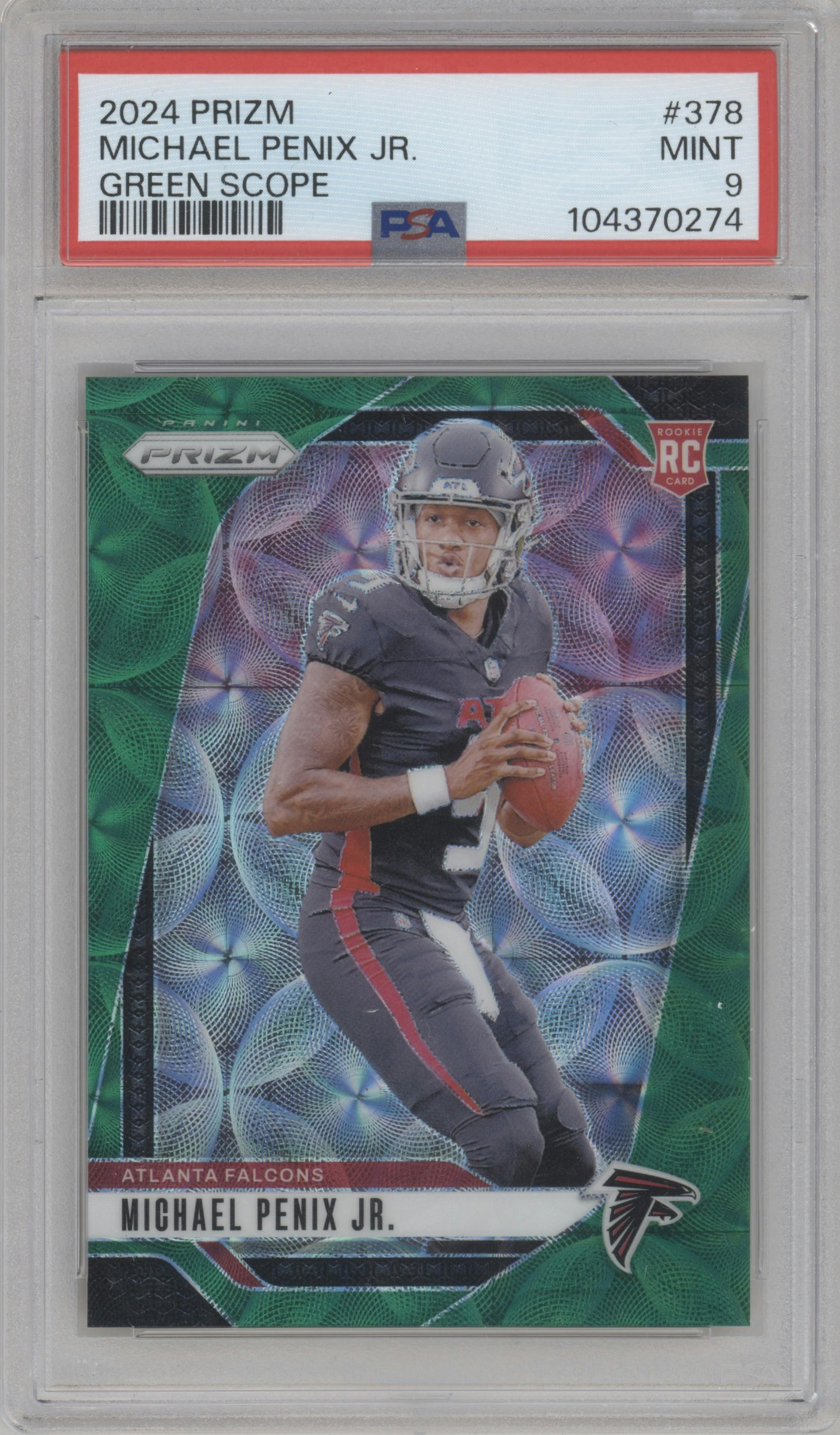 Michael Penix Jr. from the 2024 Panini Prizm set featuring a Green Scope parallel graded by PSA and given an overall grade of 9.