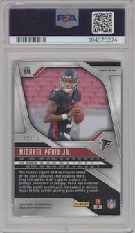 Michael Penix Jr. from the 2024 Panini Prizm set featuring a Green Scope parallel graded by PSA and given an overall grade of 9.