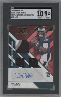 Jalen Hurts from the 2020 Panini XR set featuring a Red parallel graded by SGC and given an overall grade of 9.