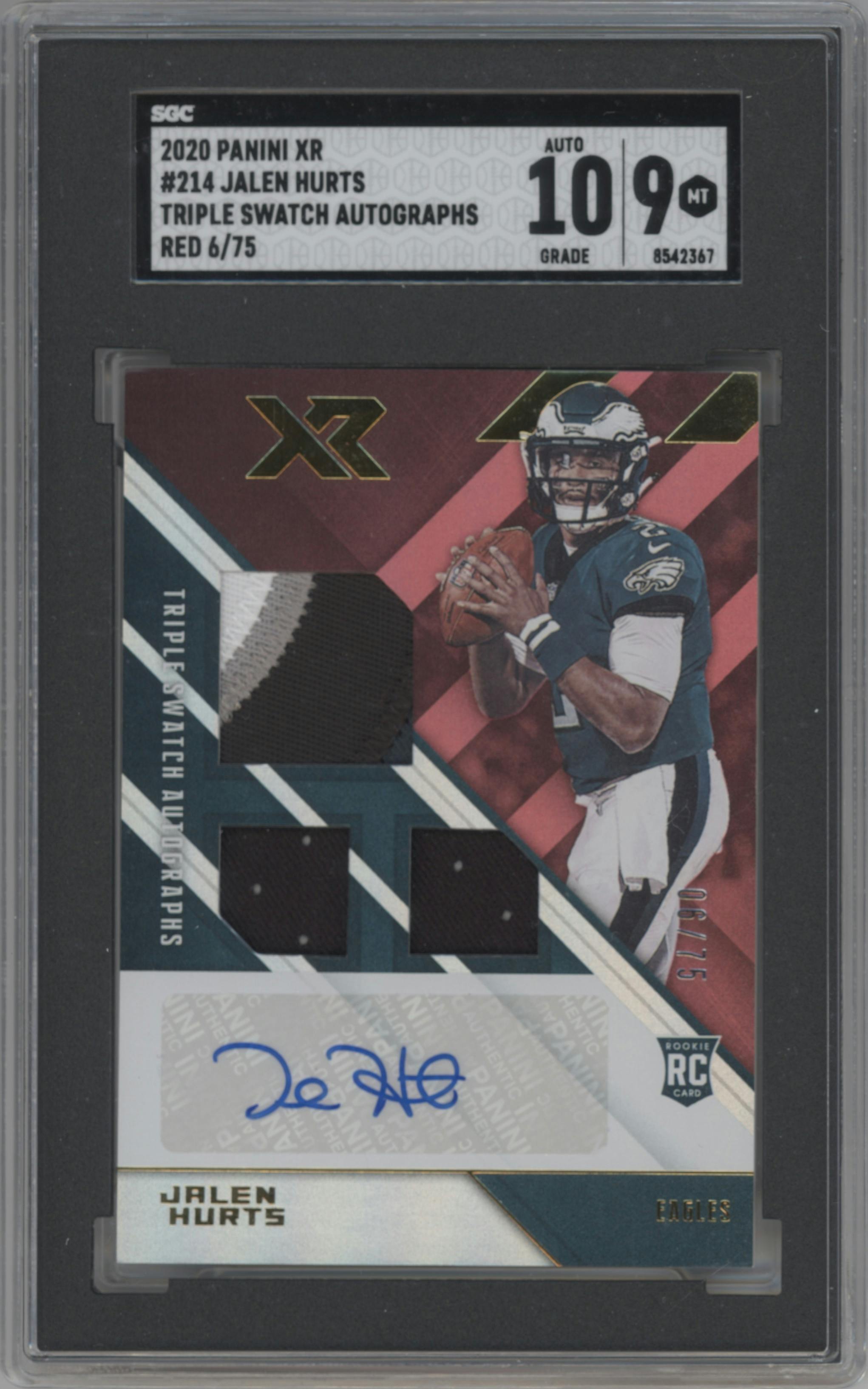 Jalen Hurts from the 2020 Panini XR set featuring a Red parallel graded by SGC and given an overall grade of 9.