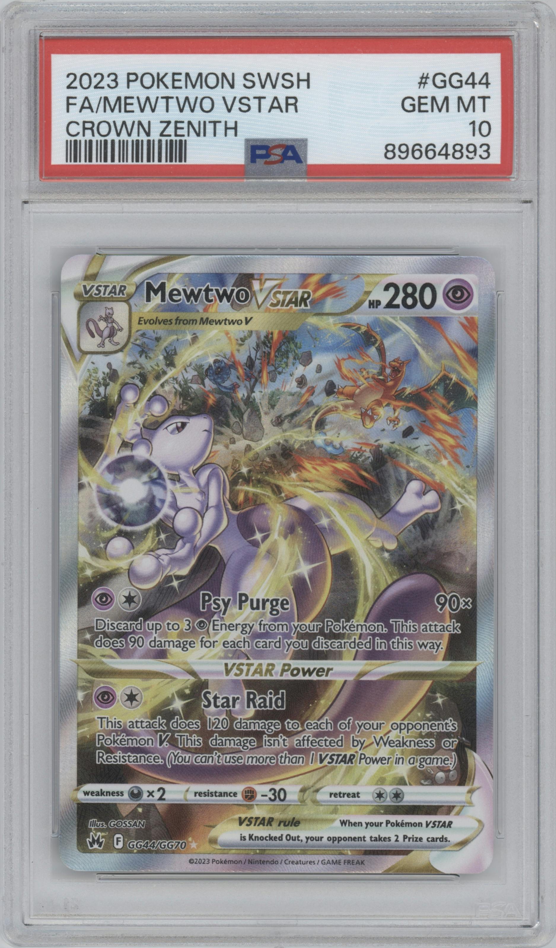 Mewtwo VSTAR from the 2023 Pokemon SWSH set graded by PSA and given an overall grade of 10.