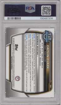 Caitlin Clark from the 2022-23 Bowman University Chrome set featuring a Purple Shimmer  parallel graded by PSA and given an overall grade of 10.