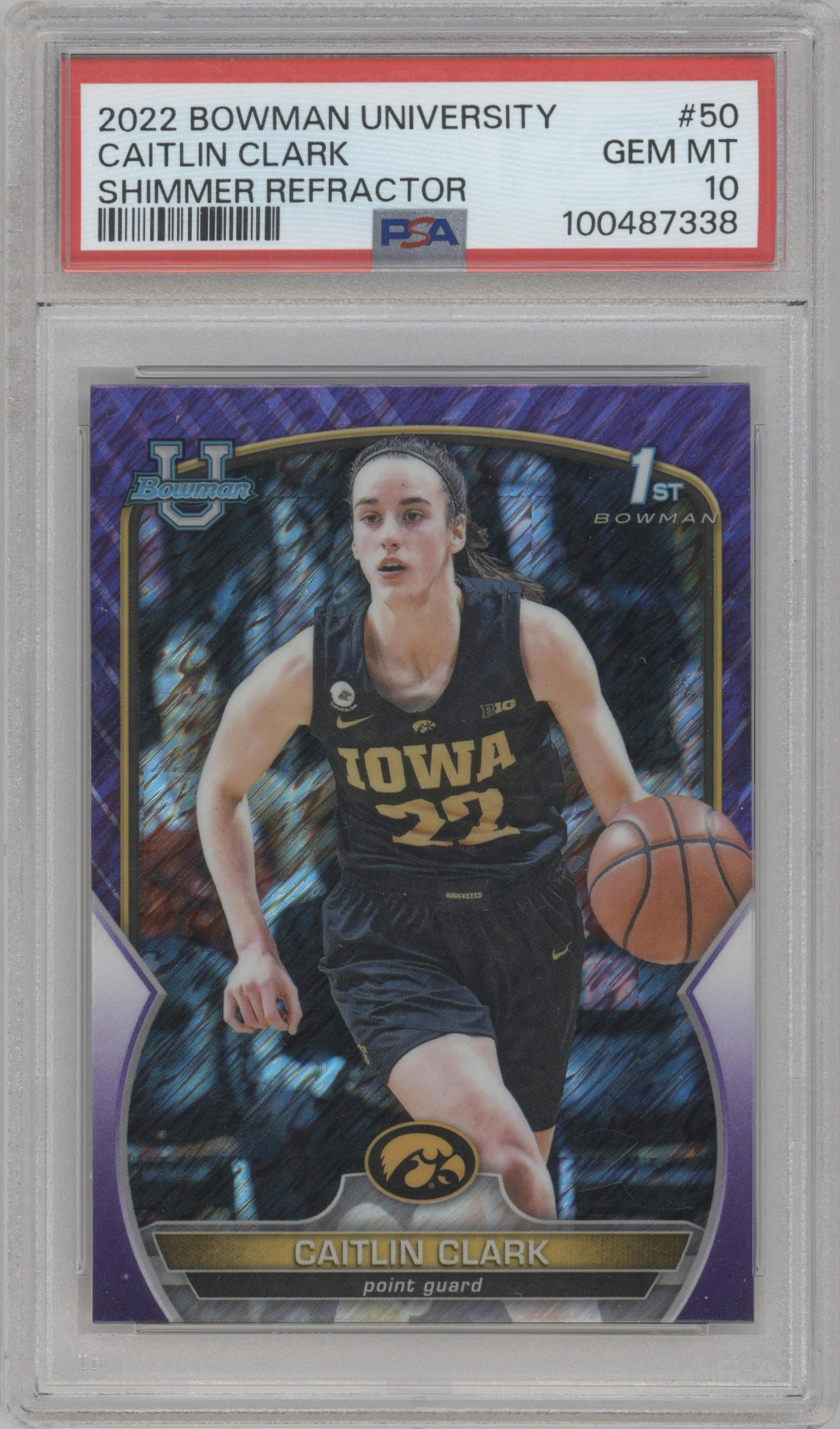 Caitlin Clark from the 2022-23 Bowman University Chrome set featuring a Purple Shimmer  parallel graded by PSA and given an overall grade of 10.