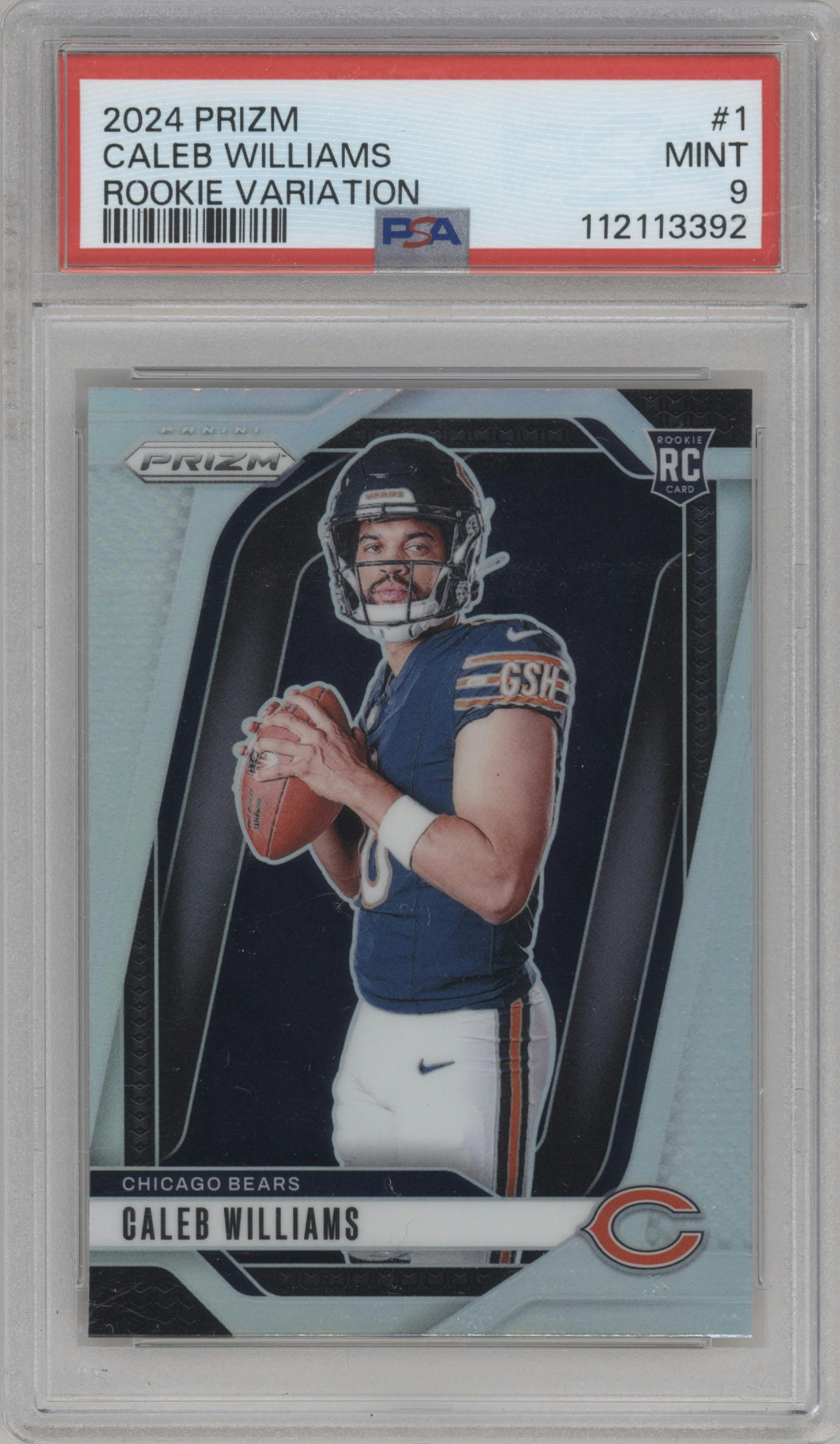 Caleb Williams from the 2024 Panini Prizm set graded by PSA and given an overall grade of 9.