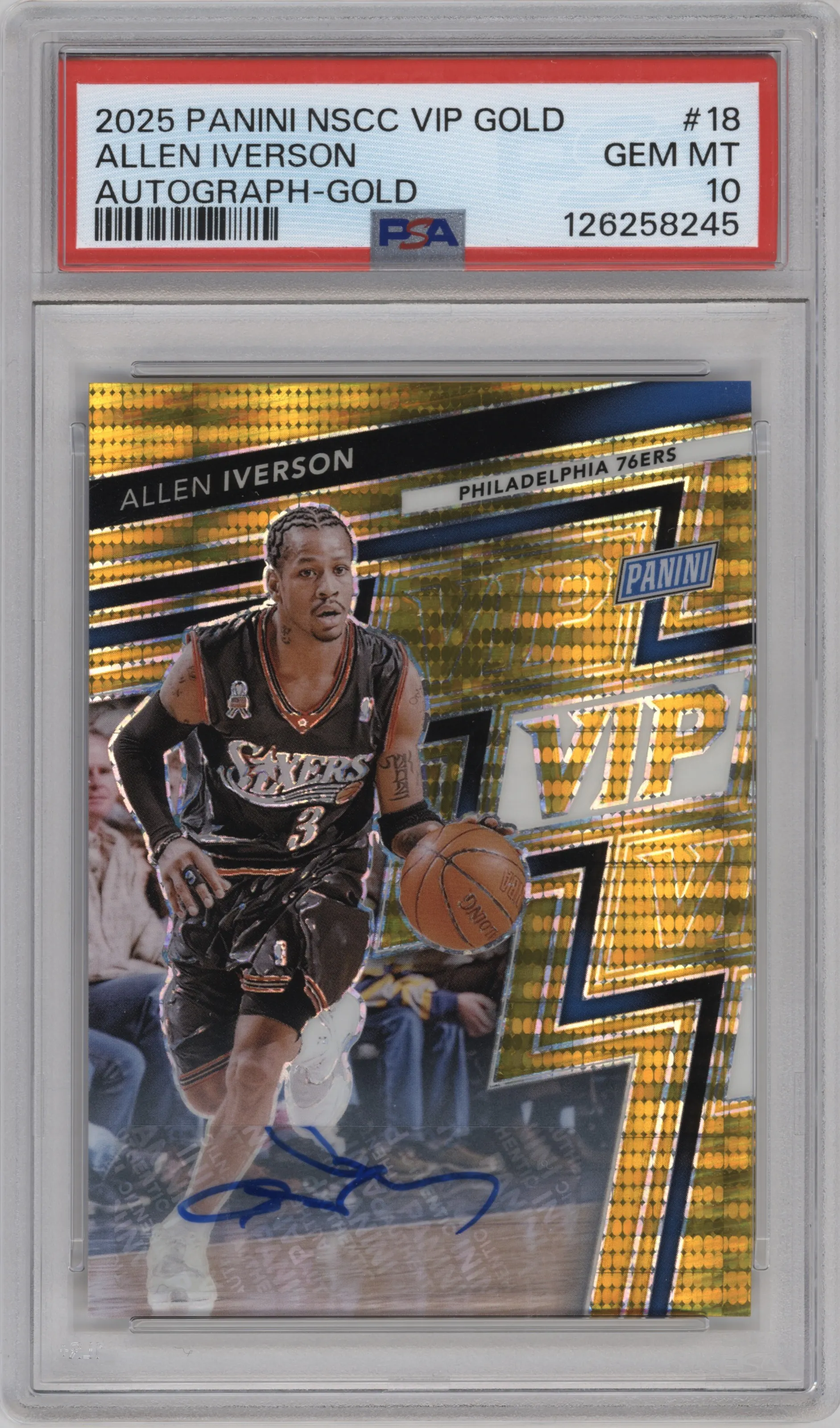 Allen Iverson from the 2025 Panini National Convention Gold Packs set featuring a Gold parallel graded by PSA and given an overall grade of 10.