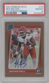 Nick Bolton from the 2021 Panini Donruss Optic set featuring a Bronze parallel graded by PSA and given an overall grade of 10.