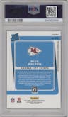 Nick Bolton from the 2021 Panini Donruss Optic set featuring a Bronze parallel graded by PSA and given an overall grade of 10.