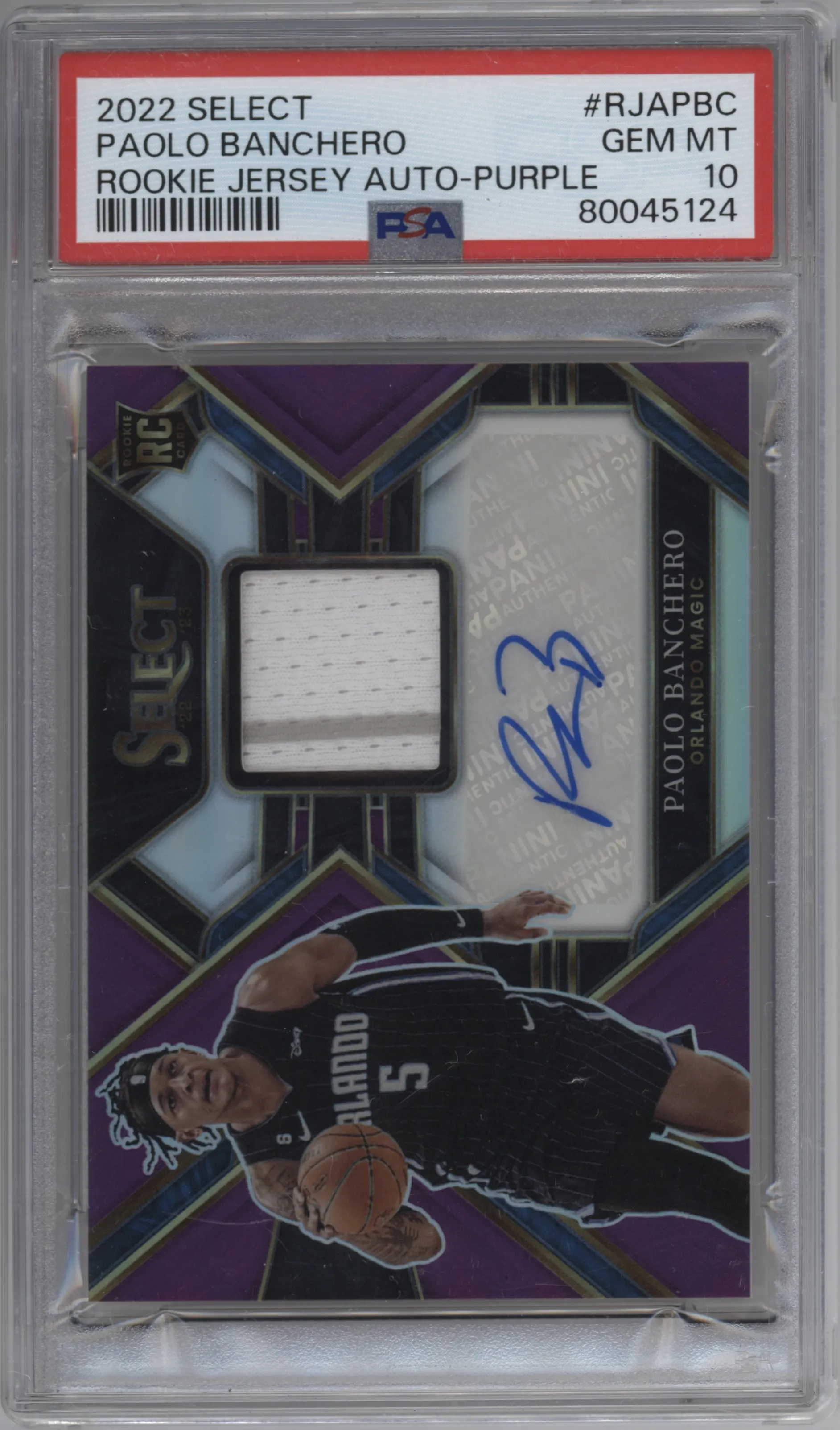 2022 Panini Select Rke.Jrsy.Auto Paolo Banchero Purple Prizm PSA 10