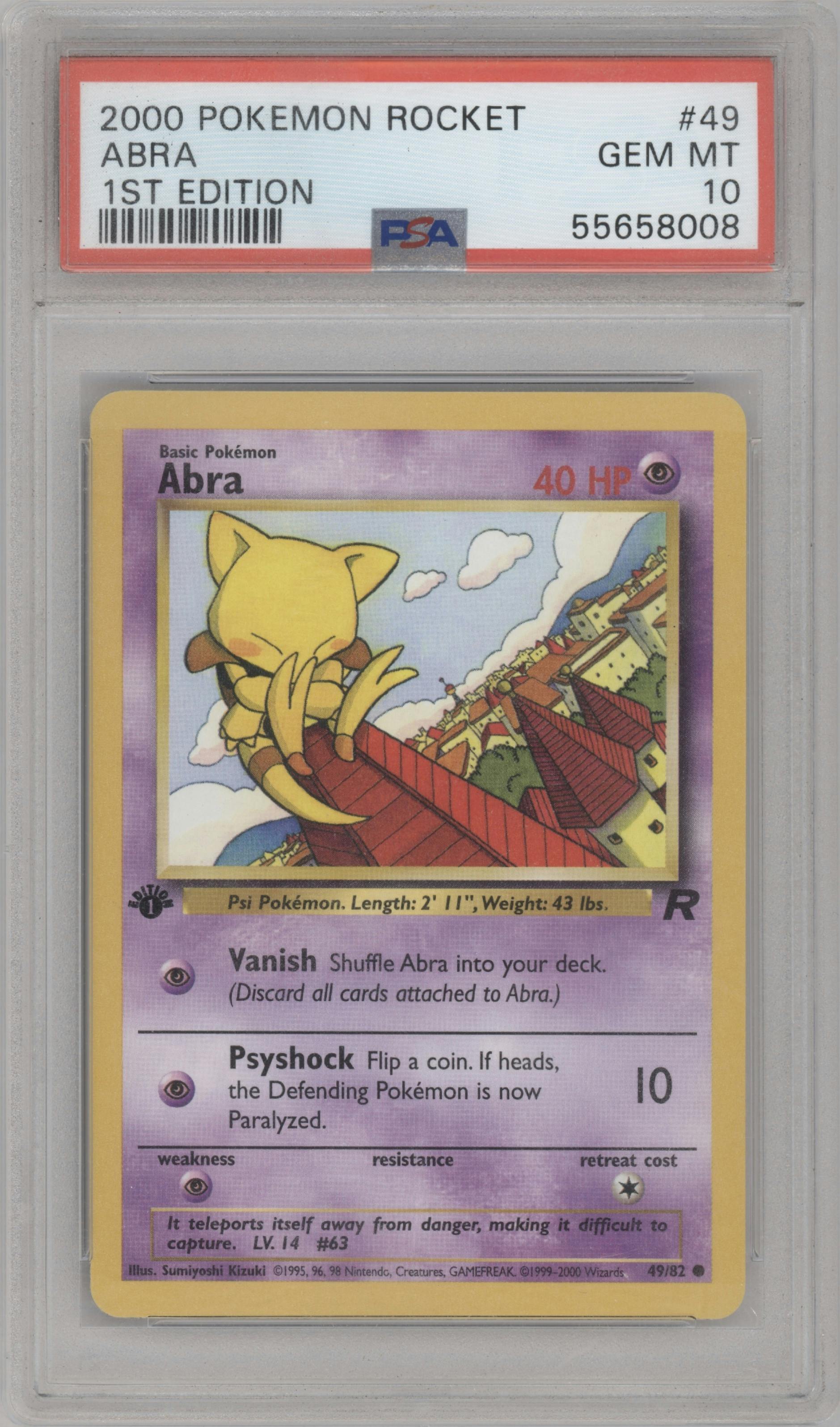 Abra from the 2000 Pokemon set graded by PSA and given an overall grade of 10.