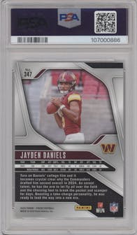 Jayden Daniels from the 2024 Panini Prizm set graded by PSA and given an overall grade of 9.