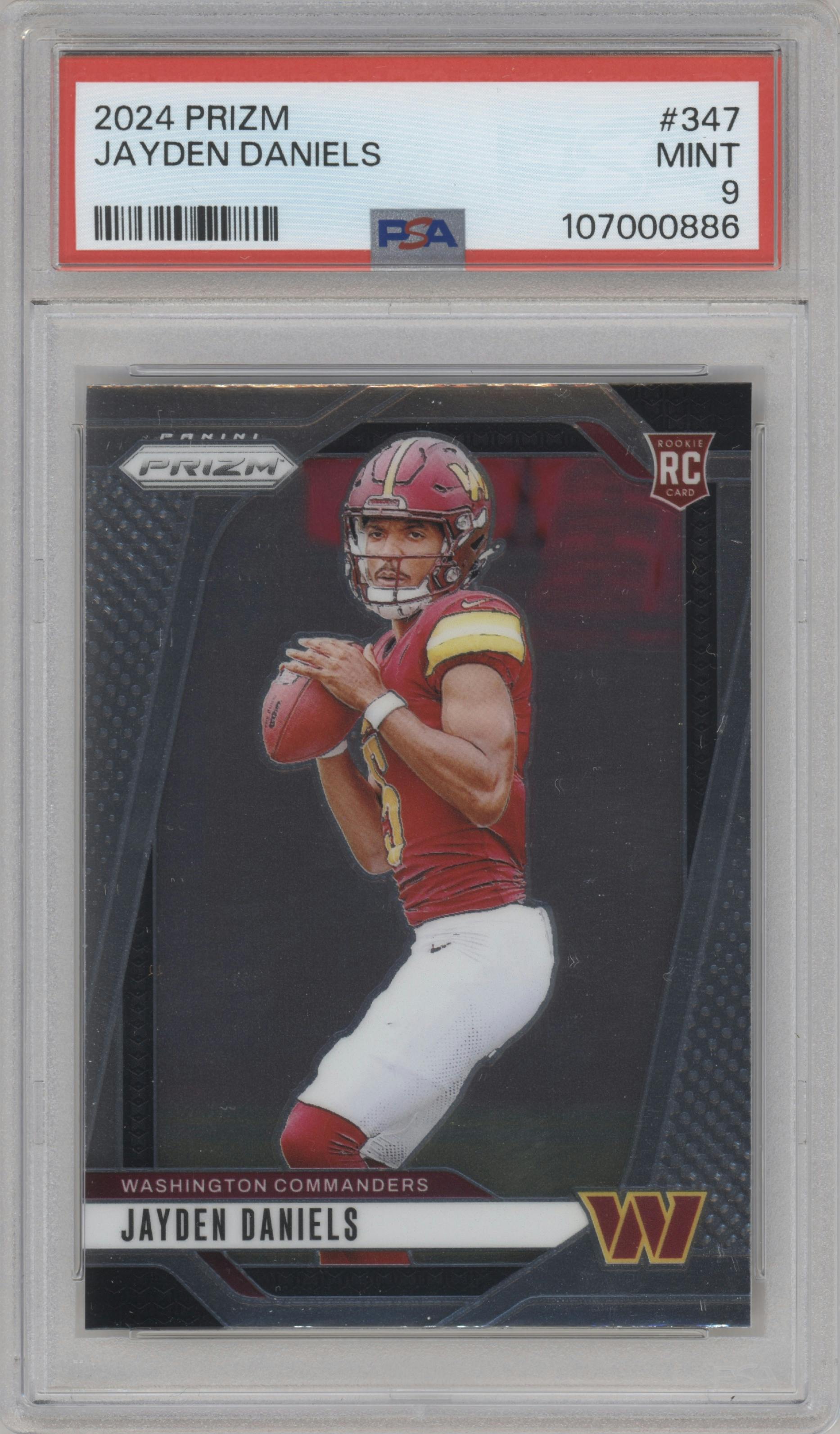 Jayden Daniels from the 2024 Panini Prizm set graded by PSA and given an overall grade of 9.