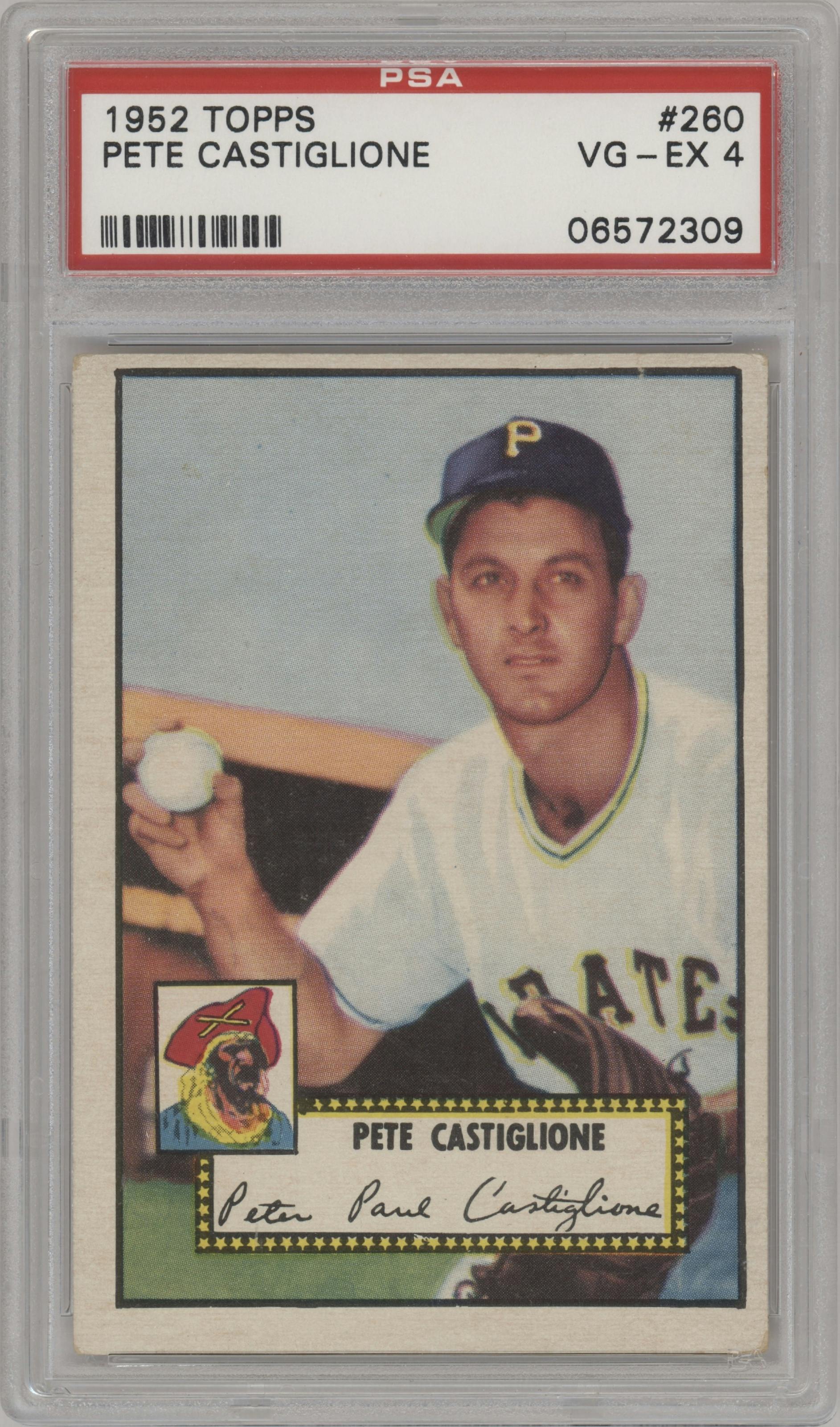 Pete Castiglione from the 1952 Topps set graded by PSA and given an overall grade of 4.