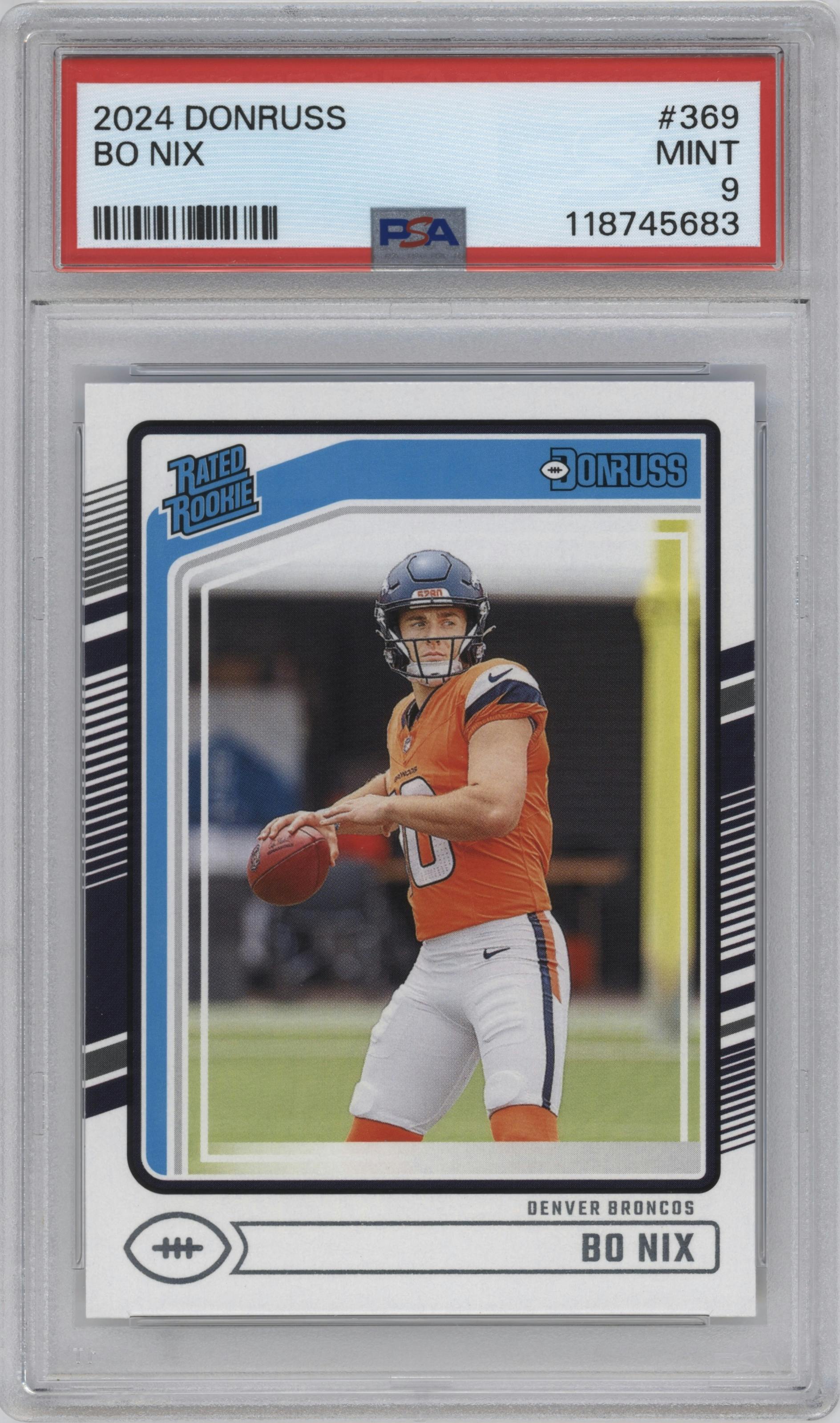 Bo Nix from the 2024 Donruss set graded by PSA and given an overall grade of 9.