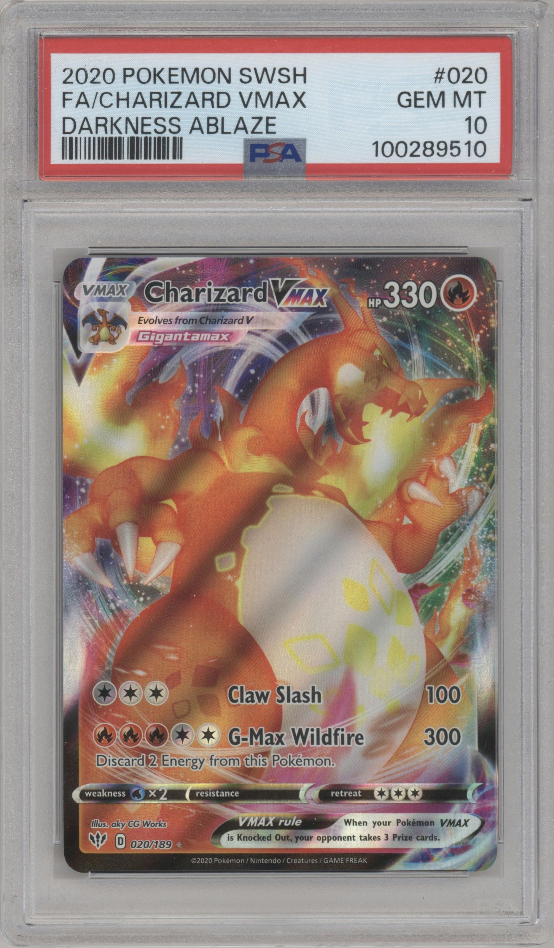 Charizard VMAX from the 2020 Pokemon SWSH set graded by PSA and given an overall grade of 10.