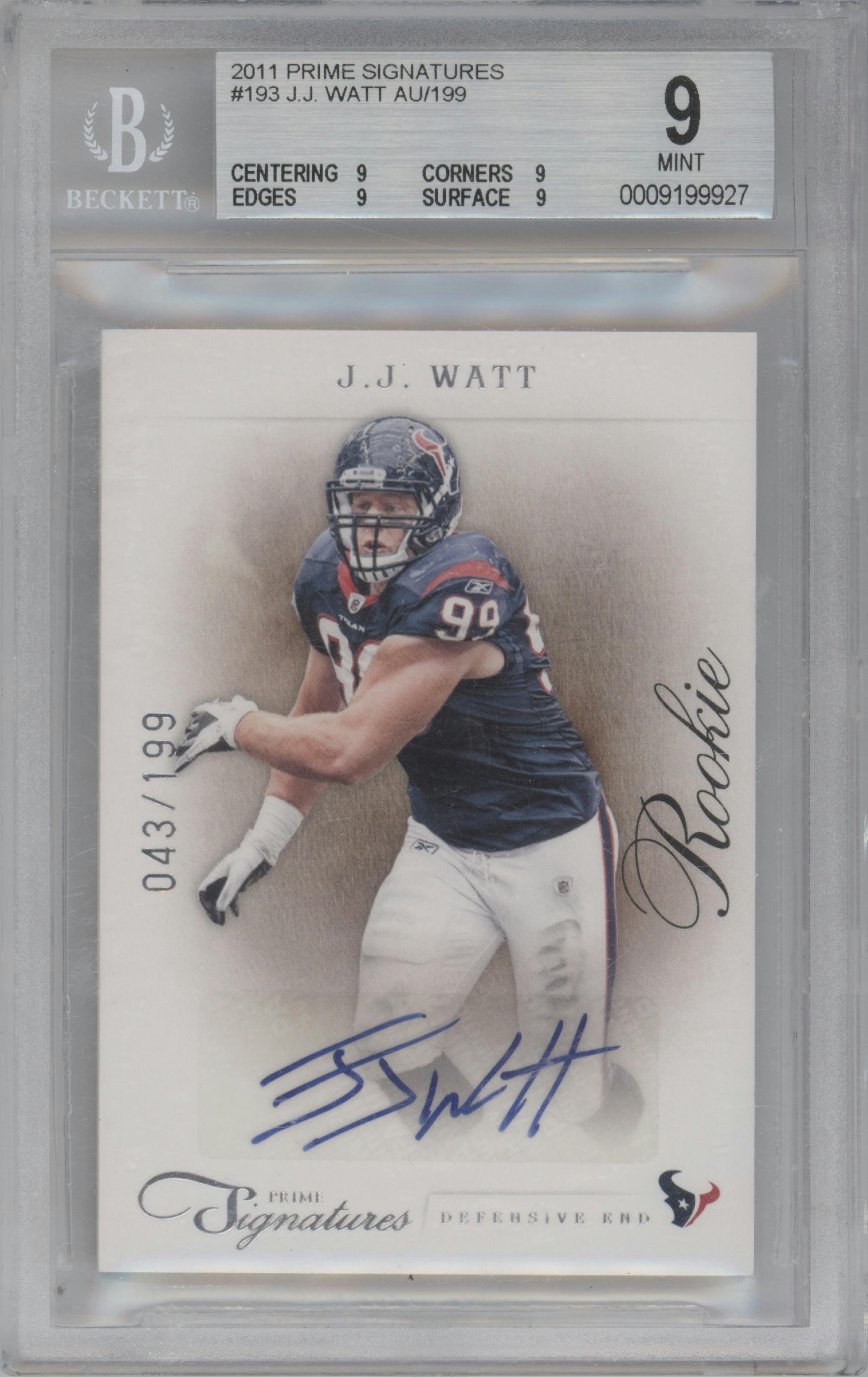 J.J. Watt from the 2011 Panini Prime Signatures set graded by Beckett and given an overall grade of 9.