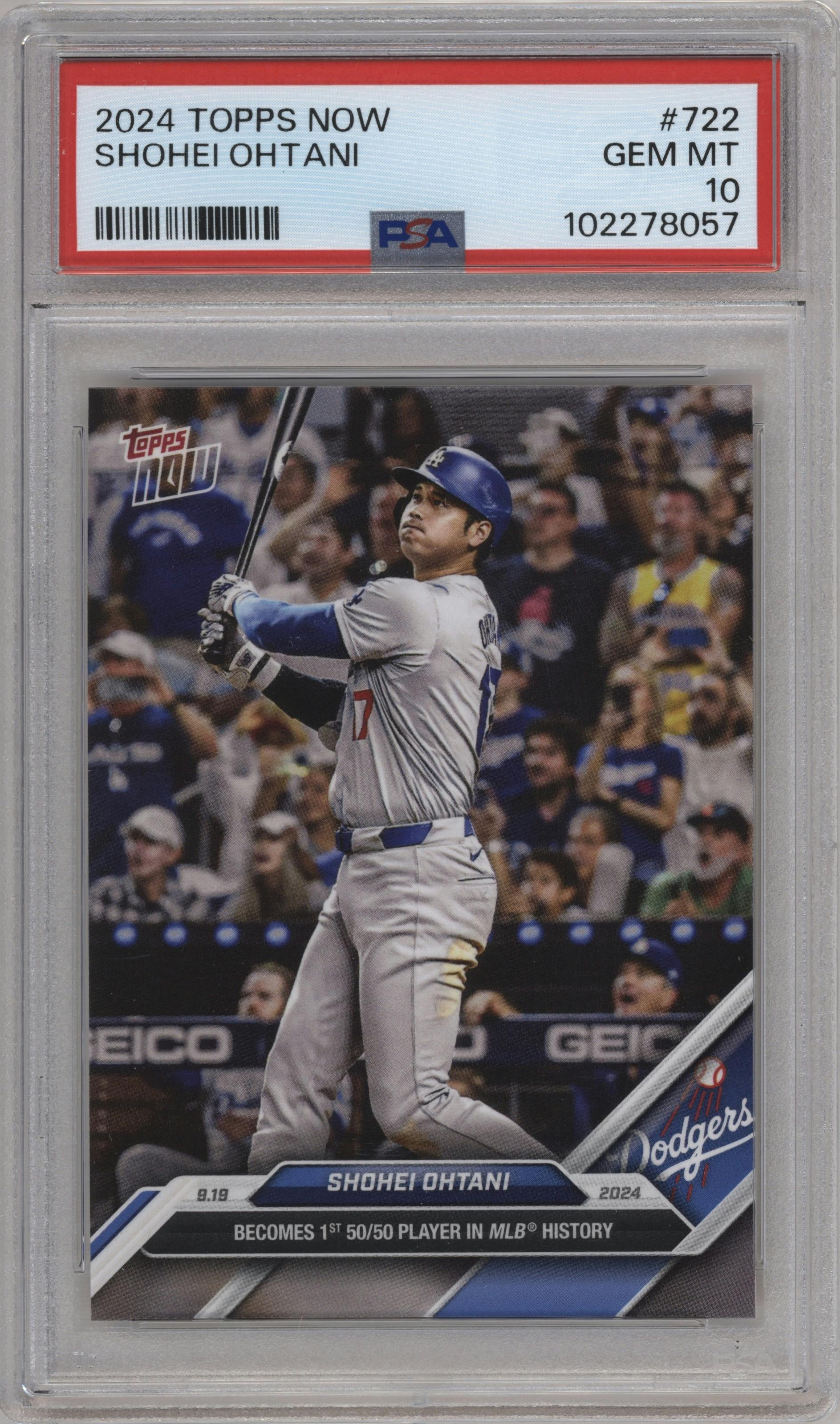 Shohei Ohtani from the 2024 Topps Now set graded by PSA and given an overall grade of 10.