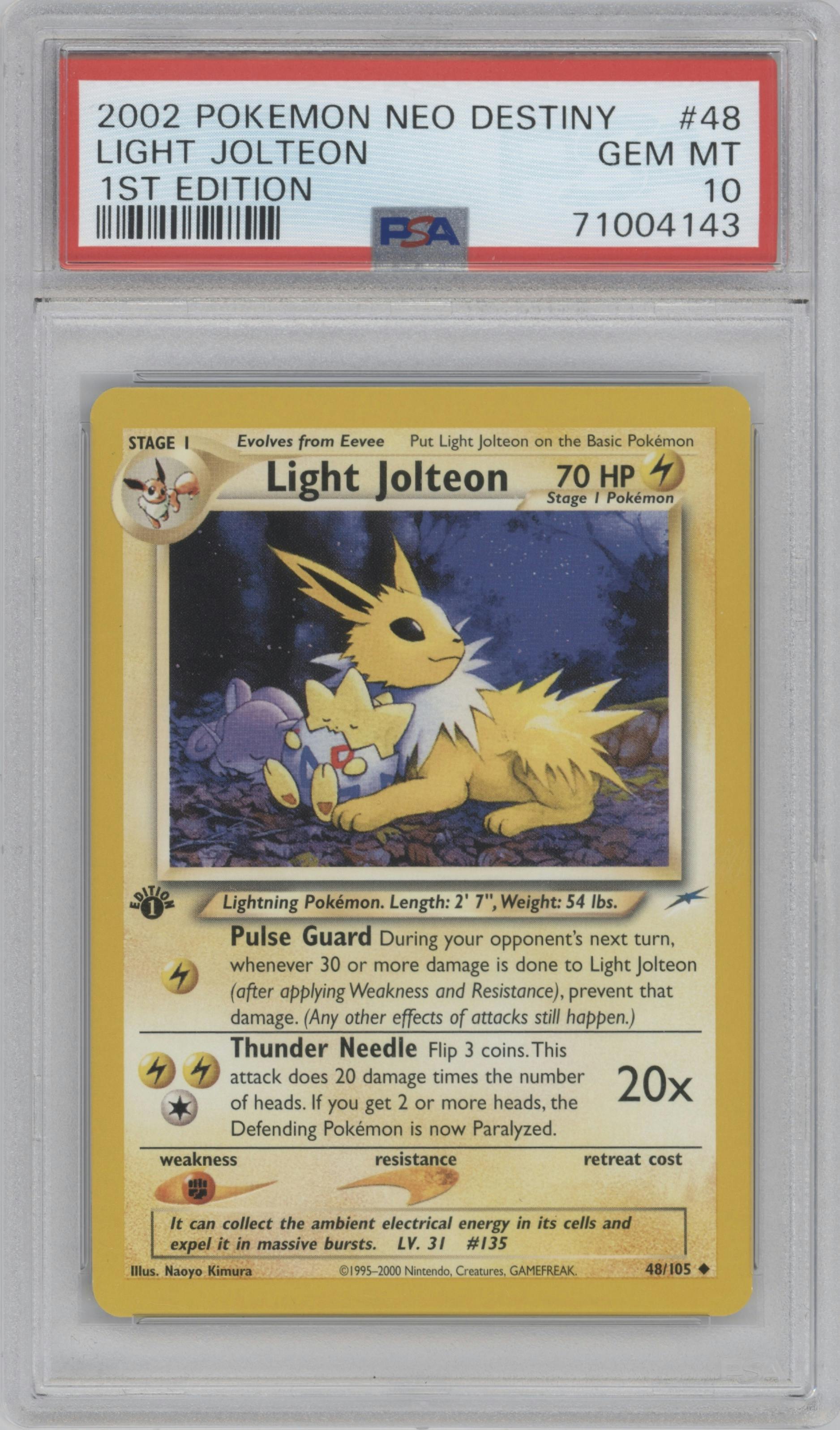 Light Jolteon from the 2002 Pokemon Neo Genesis set graded by PSA and given an overall grade of 10.