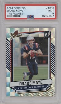 Drake Maye from the 2024 Donruss set graded by PSA and given an overall grade of 9.