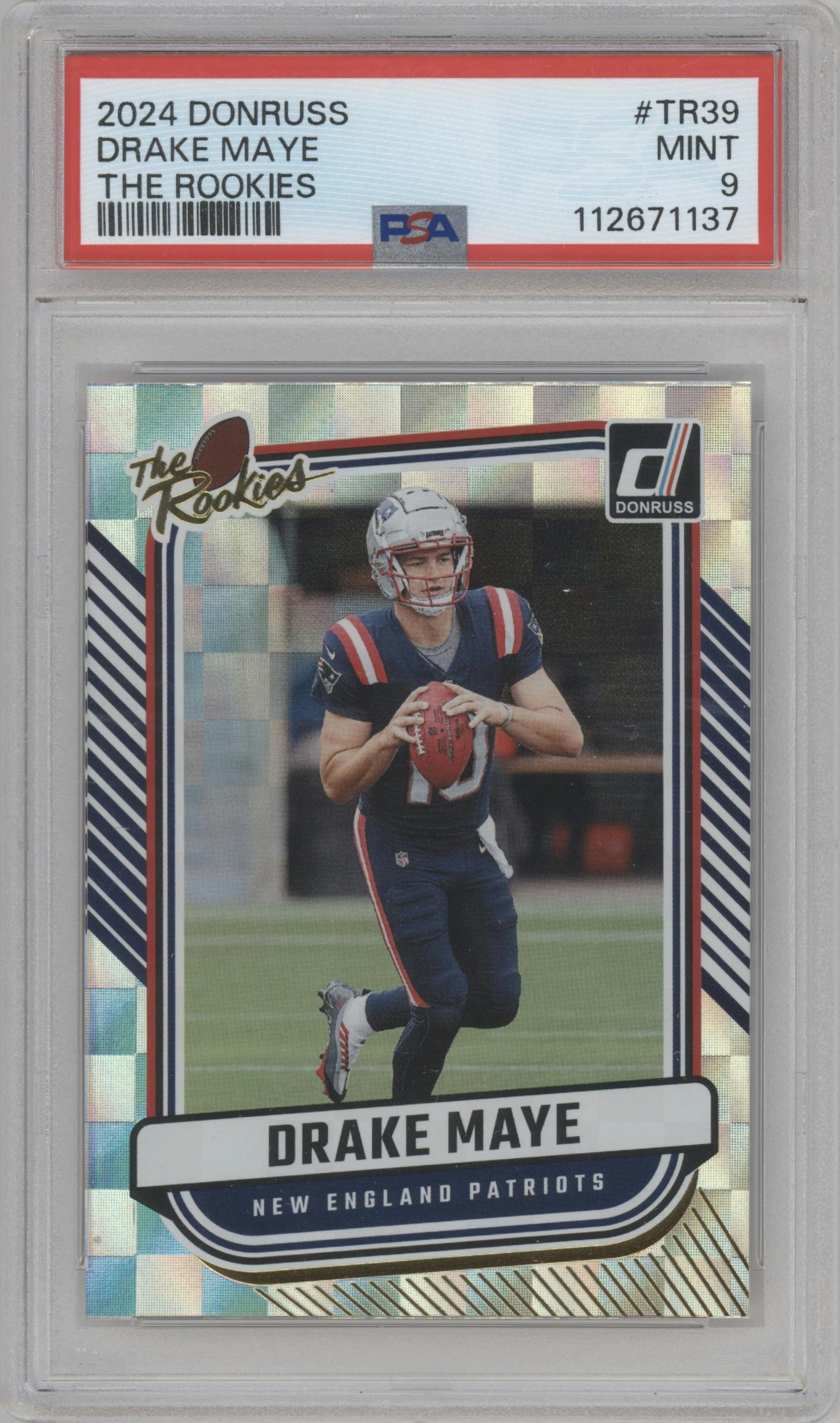 Drake Maye from the 2024 Donruss set graded by PSA and given an overall grade of 9.