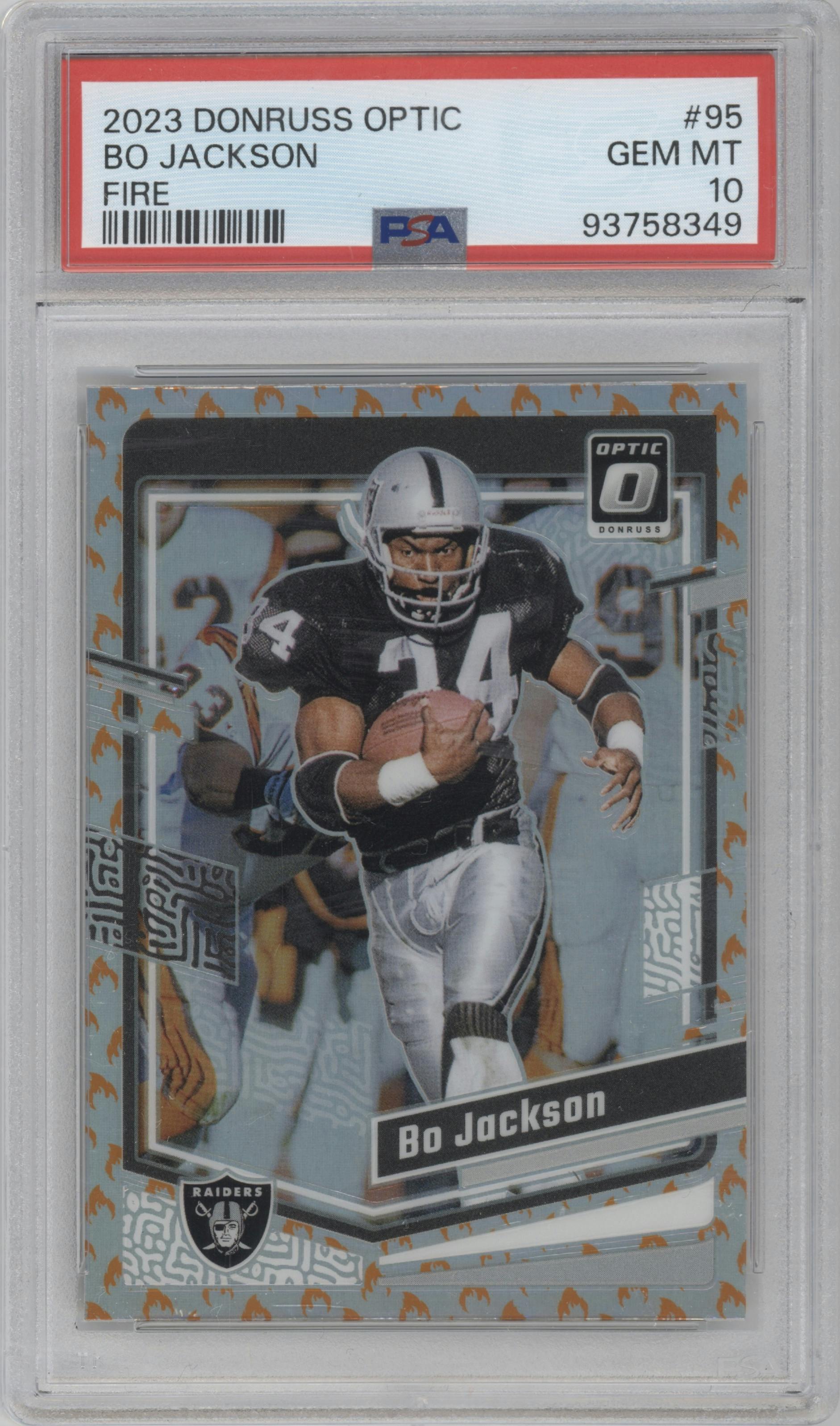 Bo Jackson from the 2023 Donruss Optic set featuring a Fire parallel graded by PSA and given an overall grade of 10.