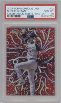 Shohei Ohtani from the 2024 Topps Chrome Update set featuring a Red Refractor parallel graded by PSA and given an overall grade of 10.