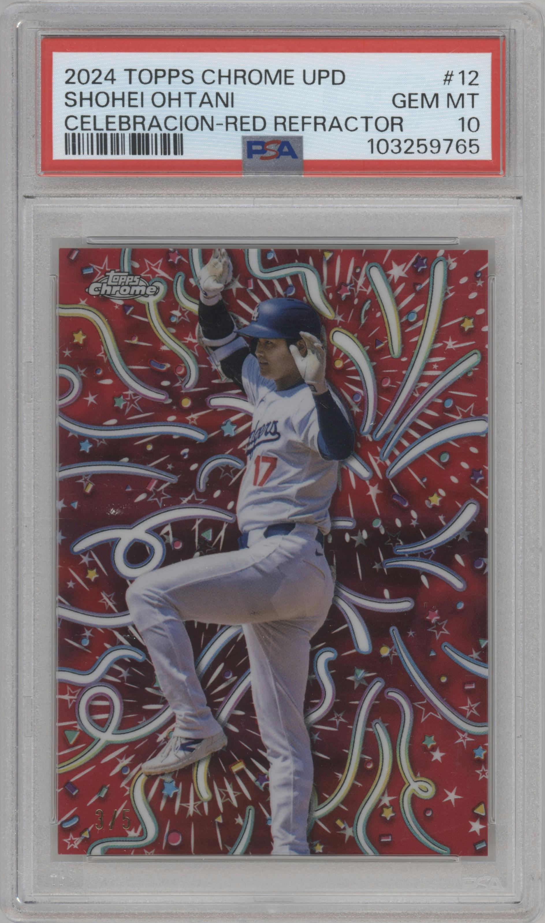 Shohei Ohtani from the 2024 Topps Chrome Update set featuring a Red Refractor parallel graded by PSA and given an overall grade of 10.