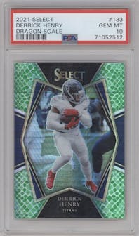 Derrick Henry from the 2021 Panini Select set featuring a Dragon Scale parallel graded by PSA and given an overall grade of 10.