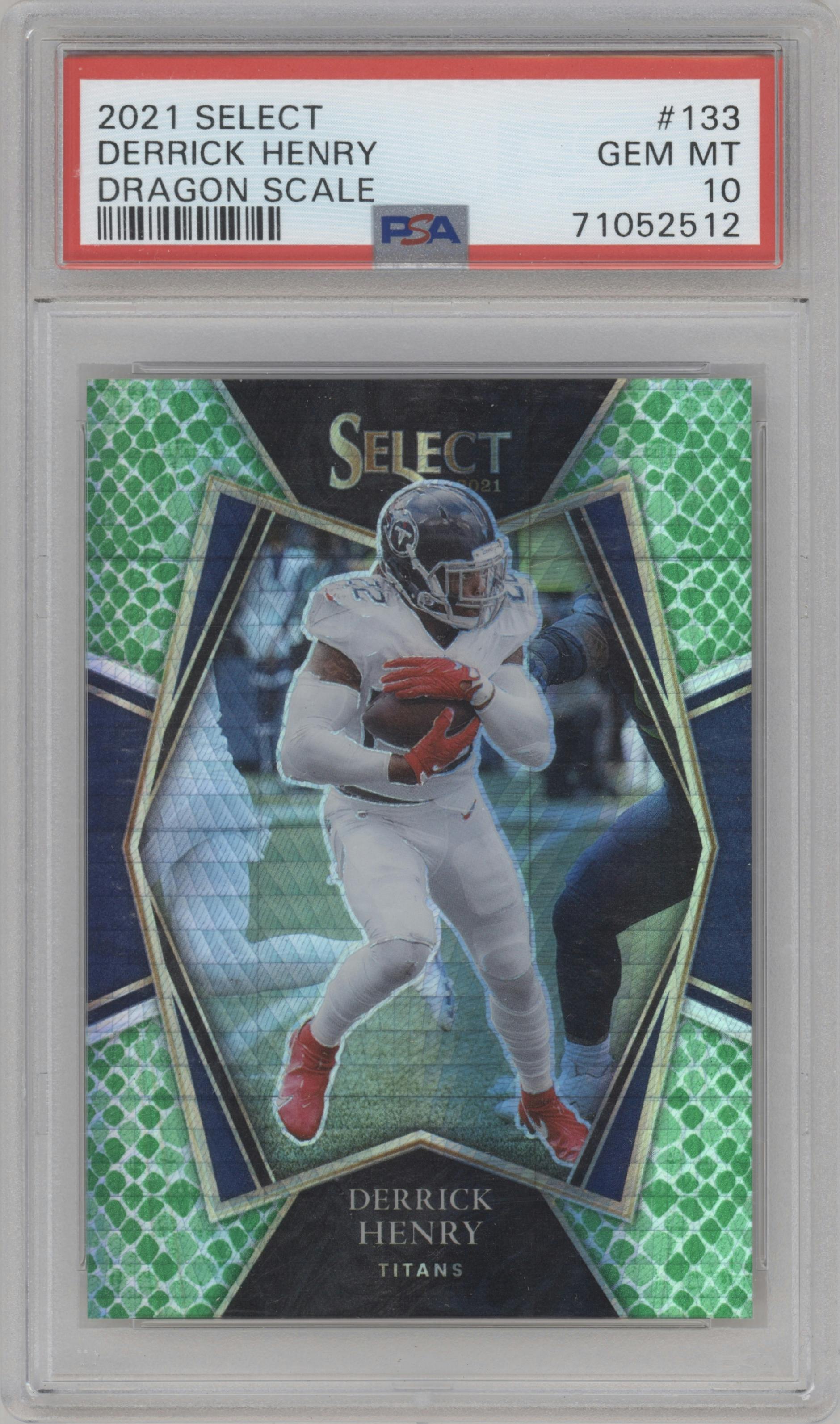 Derrick Henry from the 2021 Panini Select set featuring a Dragon Scale parallel graded by PSA and given an overall grade of 10.
