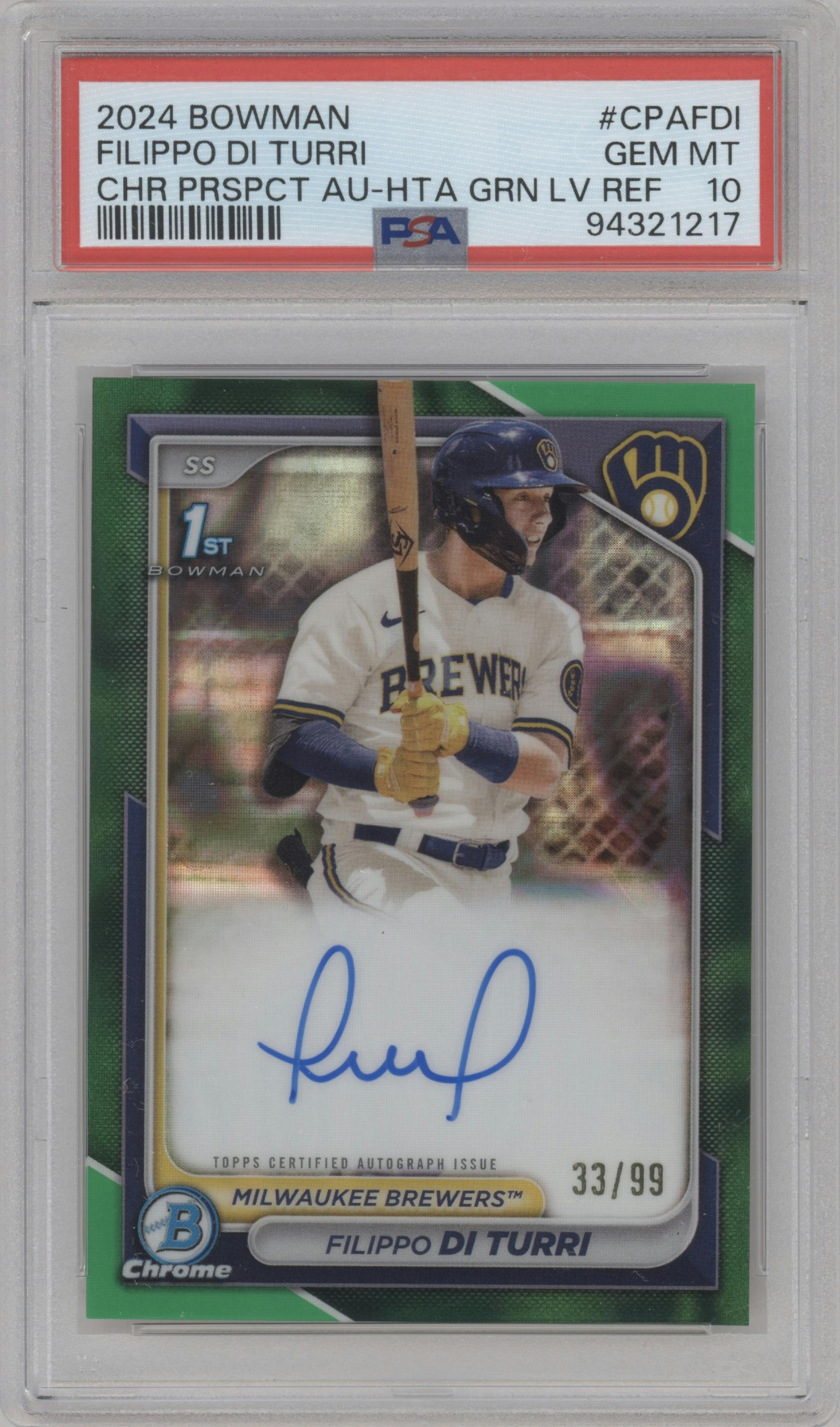 Filippo Di Turi from the 2024 Bowman set featuring a HTA Green Lava Refractor parallel graded by PSA and given an overall grade of 10.