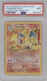 Charizard from the 2021 Pokemon SWSH set featuring a Base Set parallel graded by PSA and given an overall grade of 9.